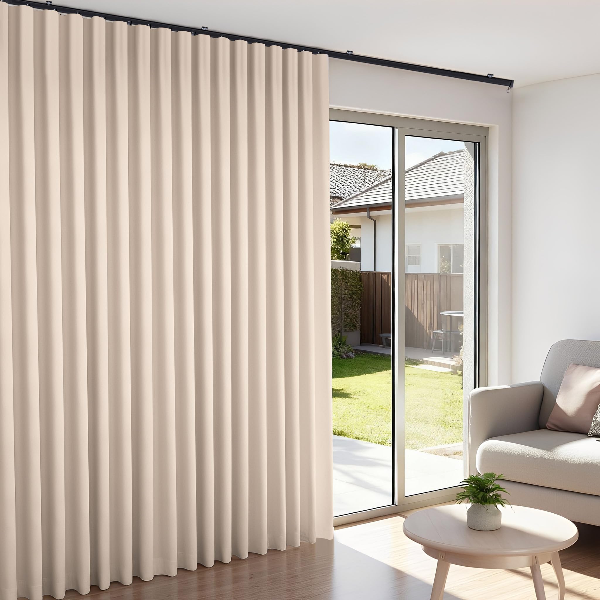 Room Divider Blackout Curtains Flexible Sliding Tracks Sets Ceiling Mounted Rod Window Curtain Privacy Separation for Bedroom Living Rooms,1 Panel Beige Drape and Black Track Set-W108xH72 in