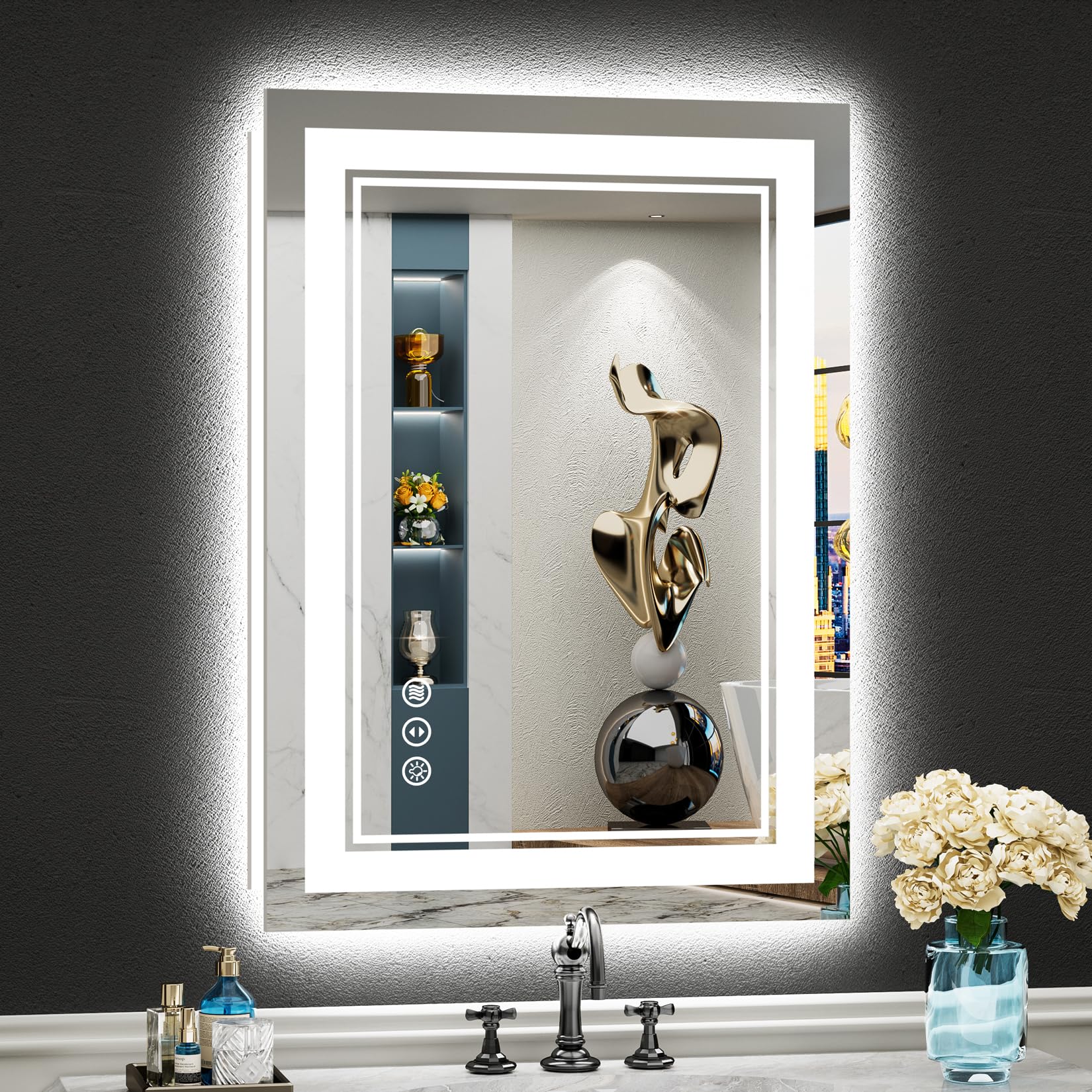 24x32 Black Framed LED Bathroom Mirror with Lights, Backlit and Front Lit Anti-Fog Lighted Vanity Mirrors for Bathroom Wall, Dimmable, 3 Colors, Memory, HD Tempered Glass, Horizontal/Vertical