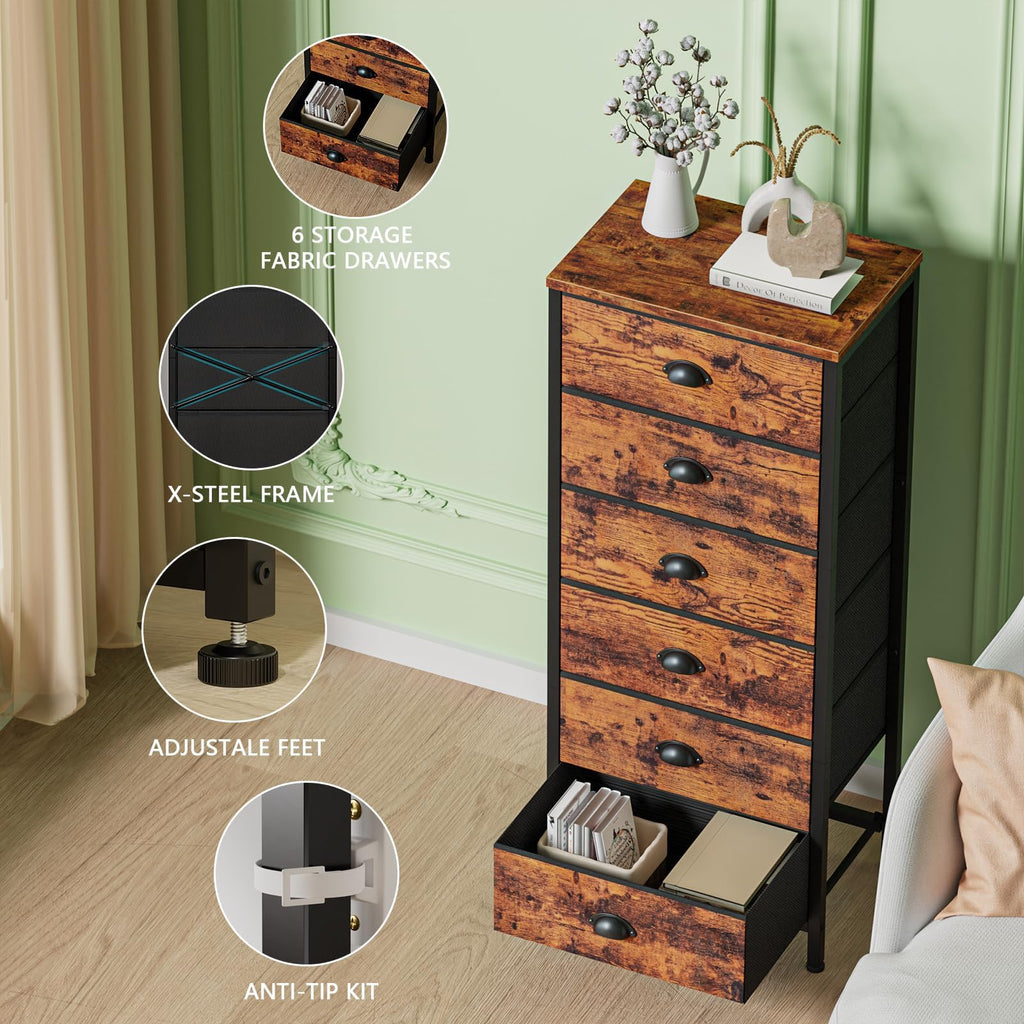 Furnulem Tall Dresser with 6 Drawers,Vertical Bedside End Table & Chest for Bedroom,Black Storage Tower Dorm Nightstand with Fabric Drawer Organizer Unit Furniture in Living Room,Closet,Hallyway