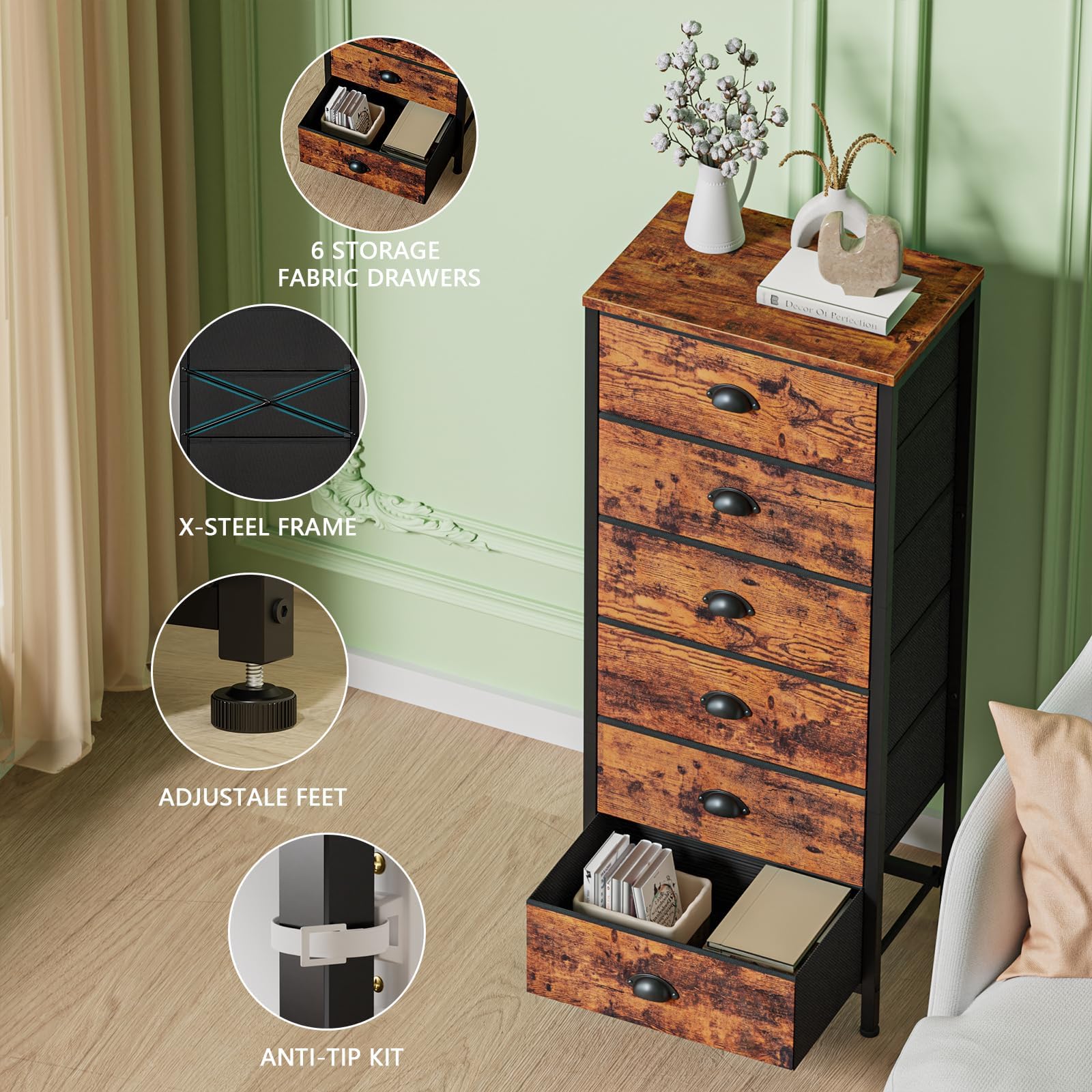 Furnulem Tall Dresser with 6 Drawers,Vertical Bedside End Table & Chest for Bedroom,Black Storage Tower Dorm Nightstand with Fabric Drawer Organizer Unit Furniture in Living Room,Closet,Hallyway