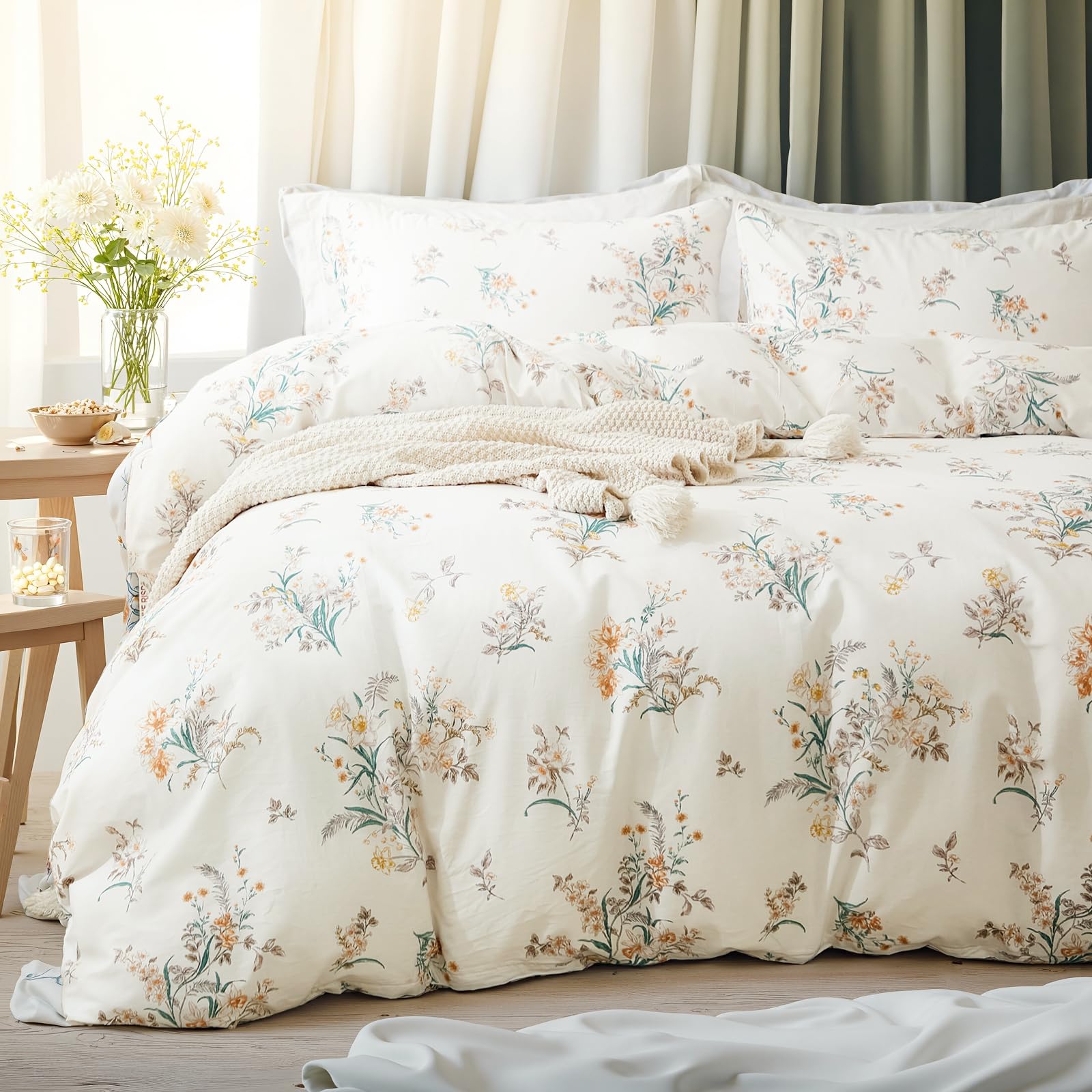 100% Natural Cotton Comforter Set Queen 3 Pcs Grayish Blue Bedding Sets with Luxurious Damask Pattern, Reversible Breathable Soft Comforter Sets for All Season
