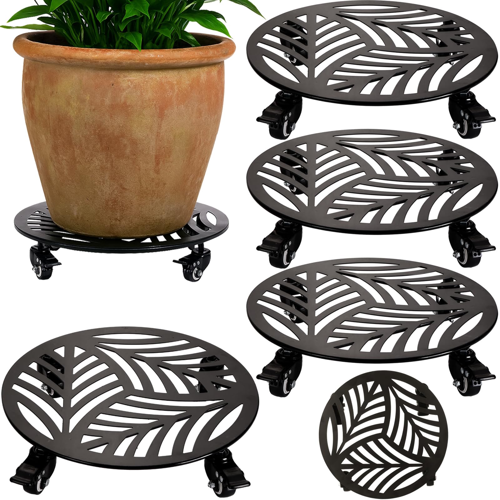 1 Pack 12 inches Large Metal Plant Caddy with 3 PU Metal Wheels Rolling Plant Stand with Casters Indoor Outdoor Wheeled Planter Roller Base Pot Movers Plant Dolly Coaster Trolley Black