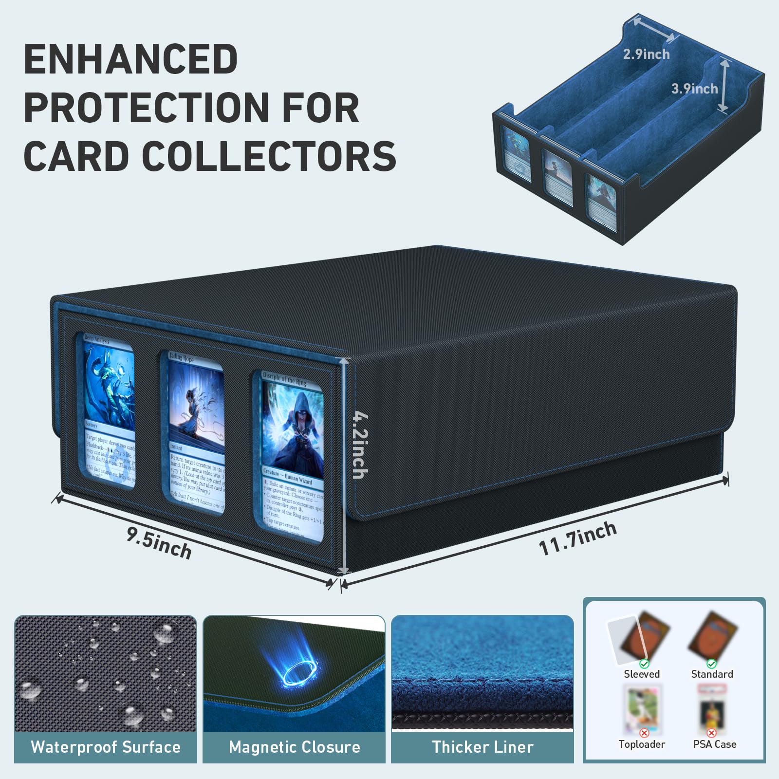 3-Row Trading Card Storage Box, Bulk Cards Case for 2400+ Mtg tcg Magic Playing Game Card Organizer, Commander Deck Box with 3 Supports & 24 Dividers
