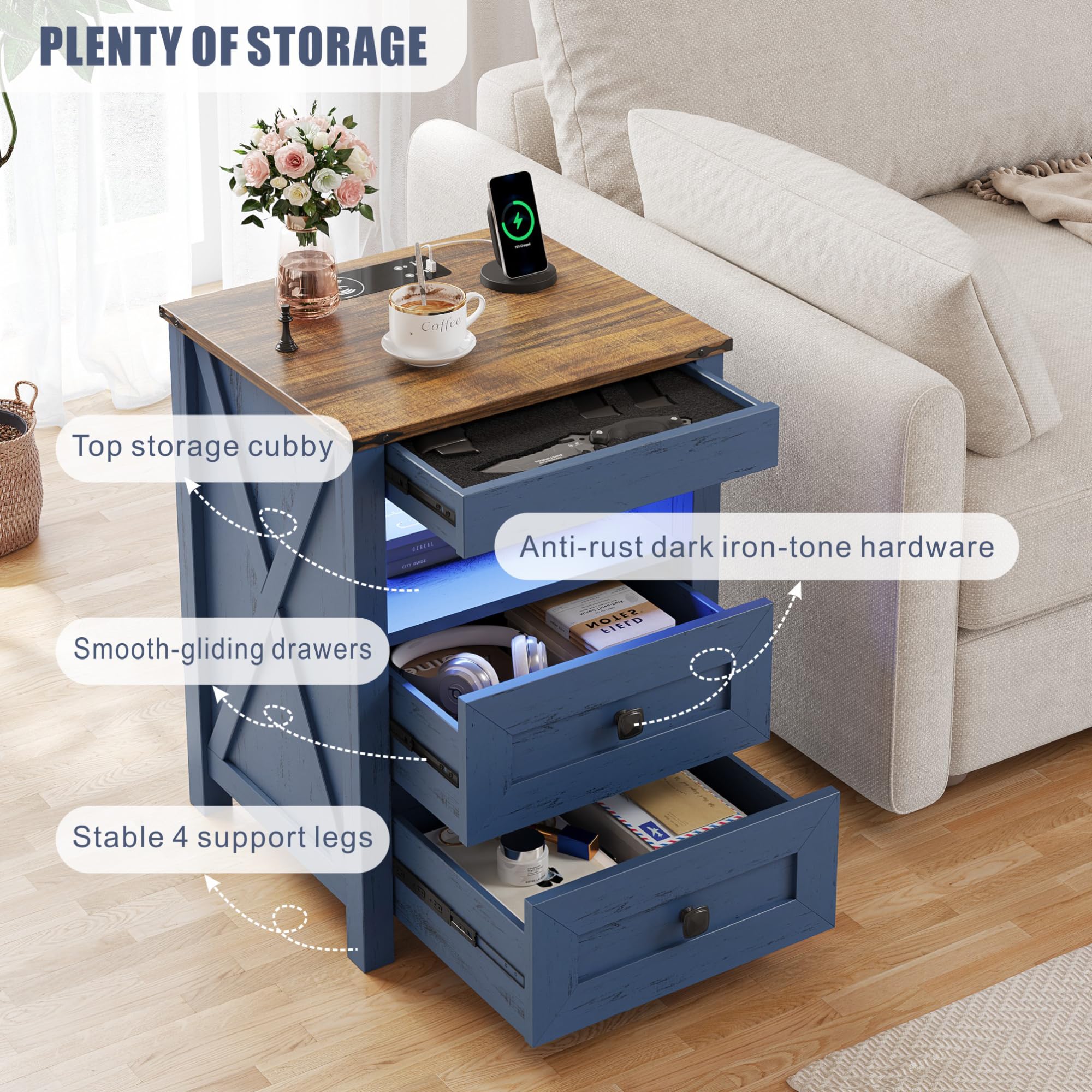 TAGELIER Farmhous Nightstand with Gun Drawer,Bedside Table with Charging Station, Gun Night Stand with LED Light & Human Sensor,Smart End Table for Bedroom, Black