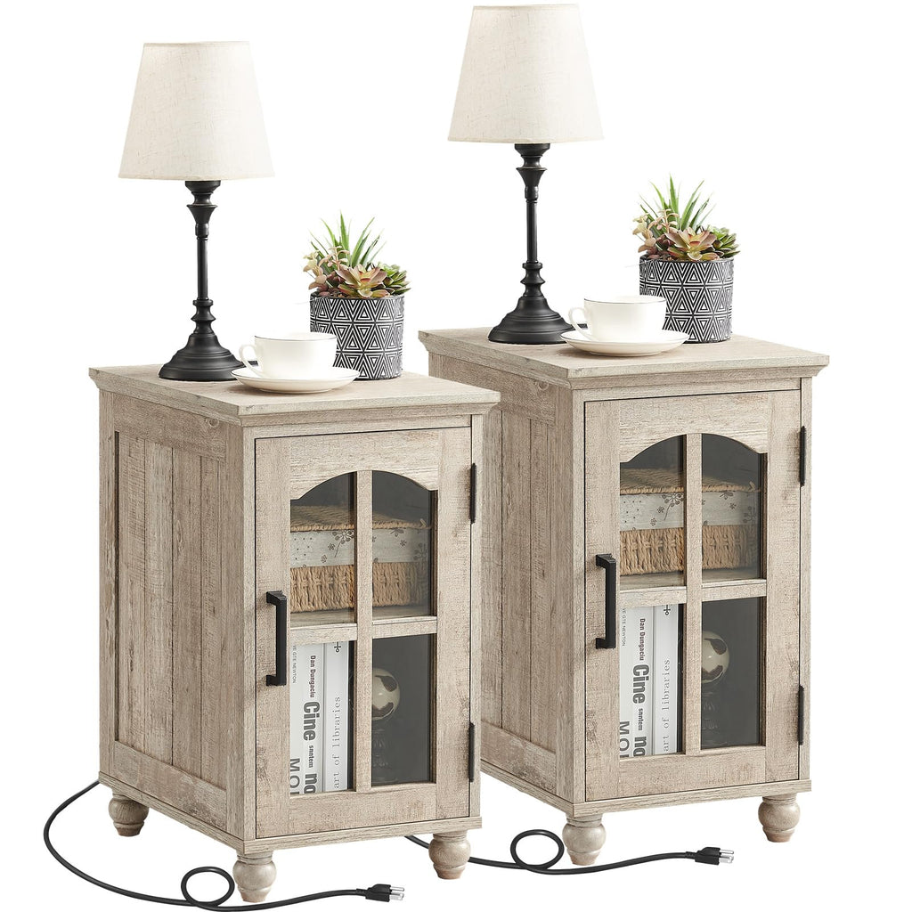 Narrow Side Table,Farmhouse Nightstand with Charging Station,Wood End Table with Glass Barn Door Storage, Cabinet Organizer with Adjustable Shelf, Night Stand for Small Spaces for Living Room Bedroom