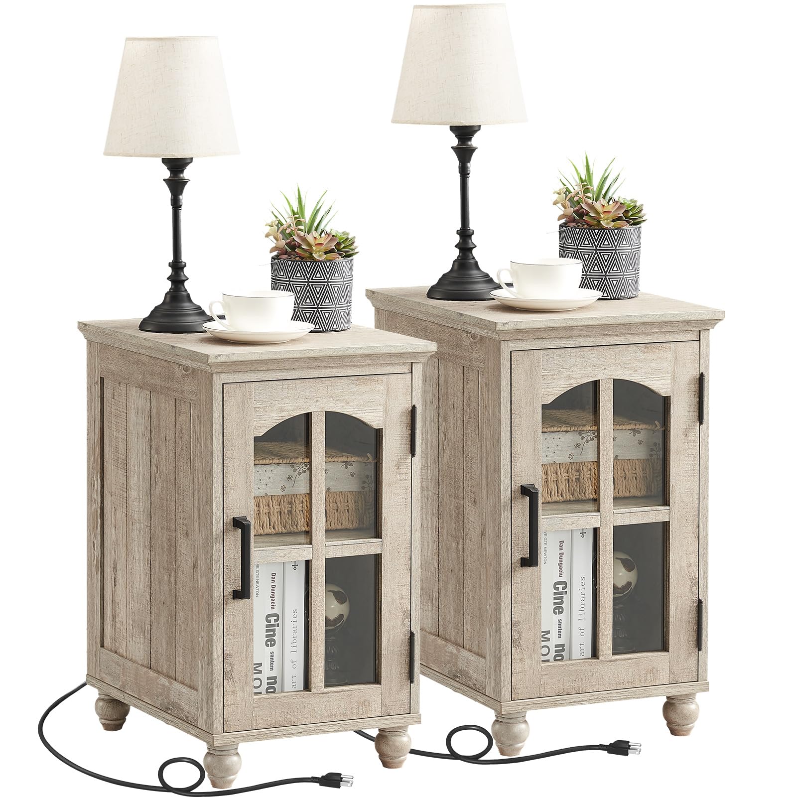 Narrow Side Table,Farmhouse Nightstand with Charging Station,Wood End Table with Glass Barn Door Storage, Cabinet Organizer with Adjustable Shelf, Night Stand for Small Spaces for Living Room Bedroom