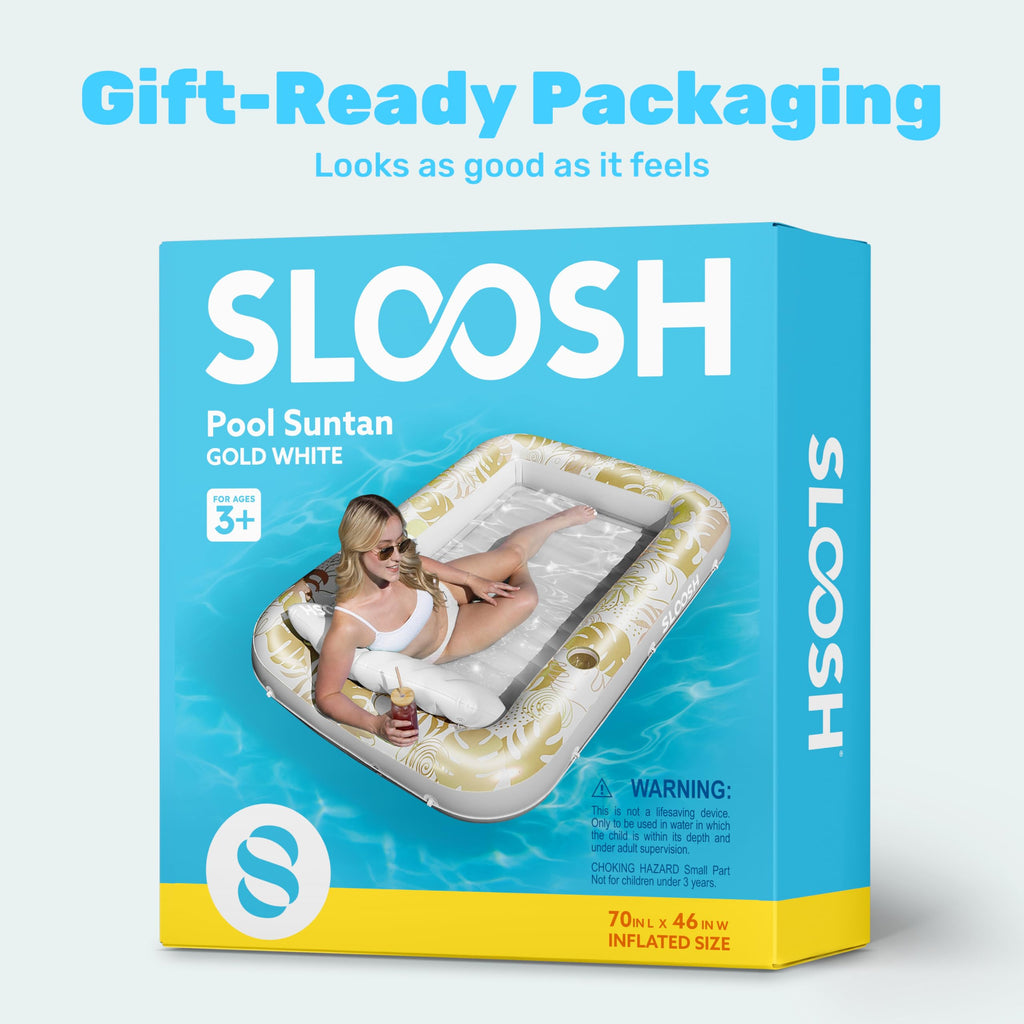 SLOOSH Inflatable Tanning Pool Lounger Float, 85" x 57" Extra Large Pool Floats Adult with Pillow, 4 in 1 Suntan Tub Raft Floatie,Sunbathing Bed Lounge for Water Blow Up Ball Pit Party Gifts, XL-Blue