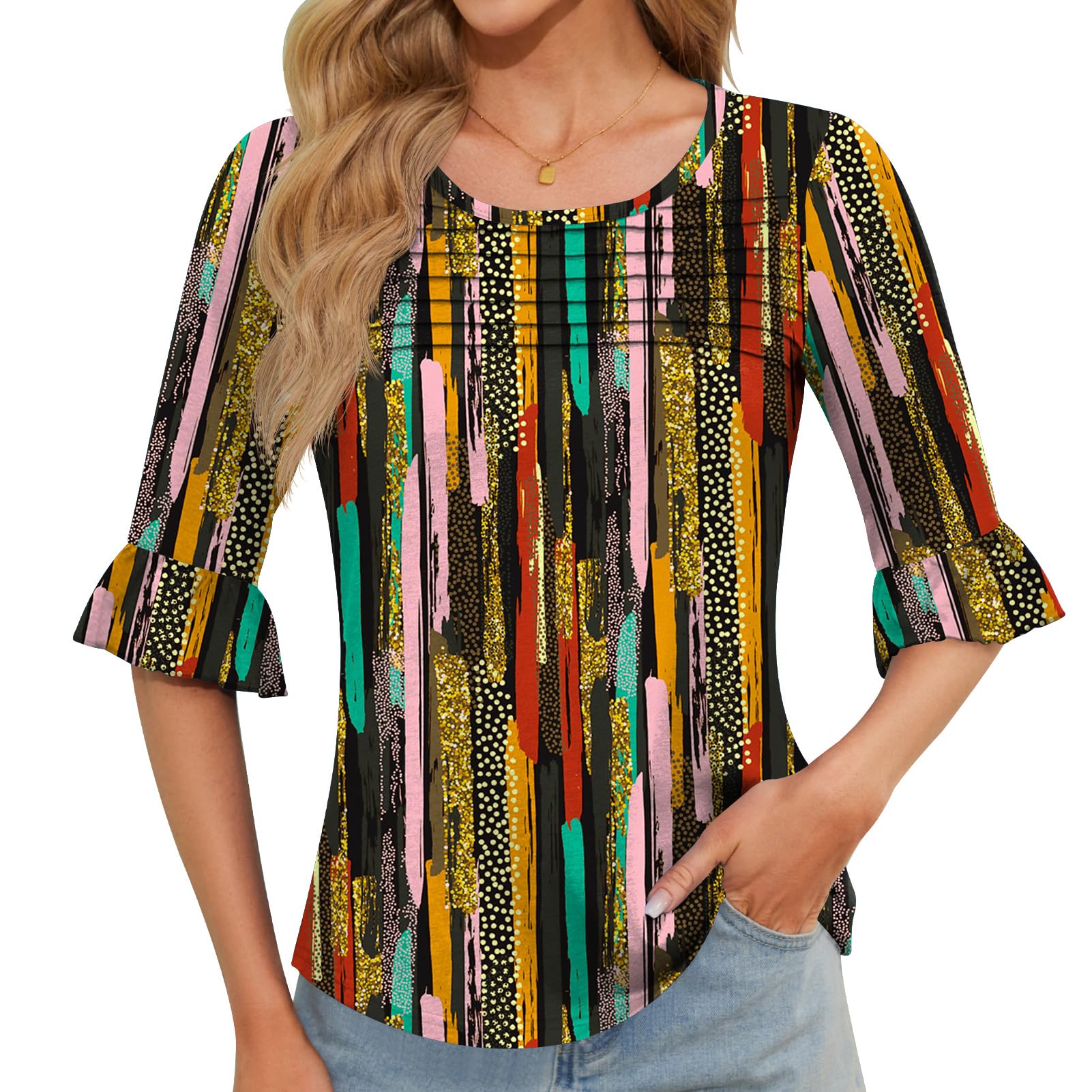 Blingfit Womens Tops 3/4 Length Sleeve Dressy Casual Shirts Bell Sleeve Front Pleated Fasion Trendy Summer Blouses 2026