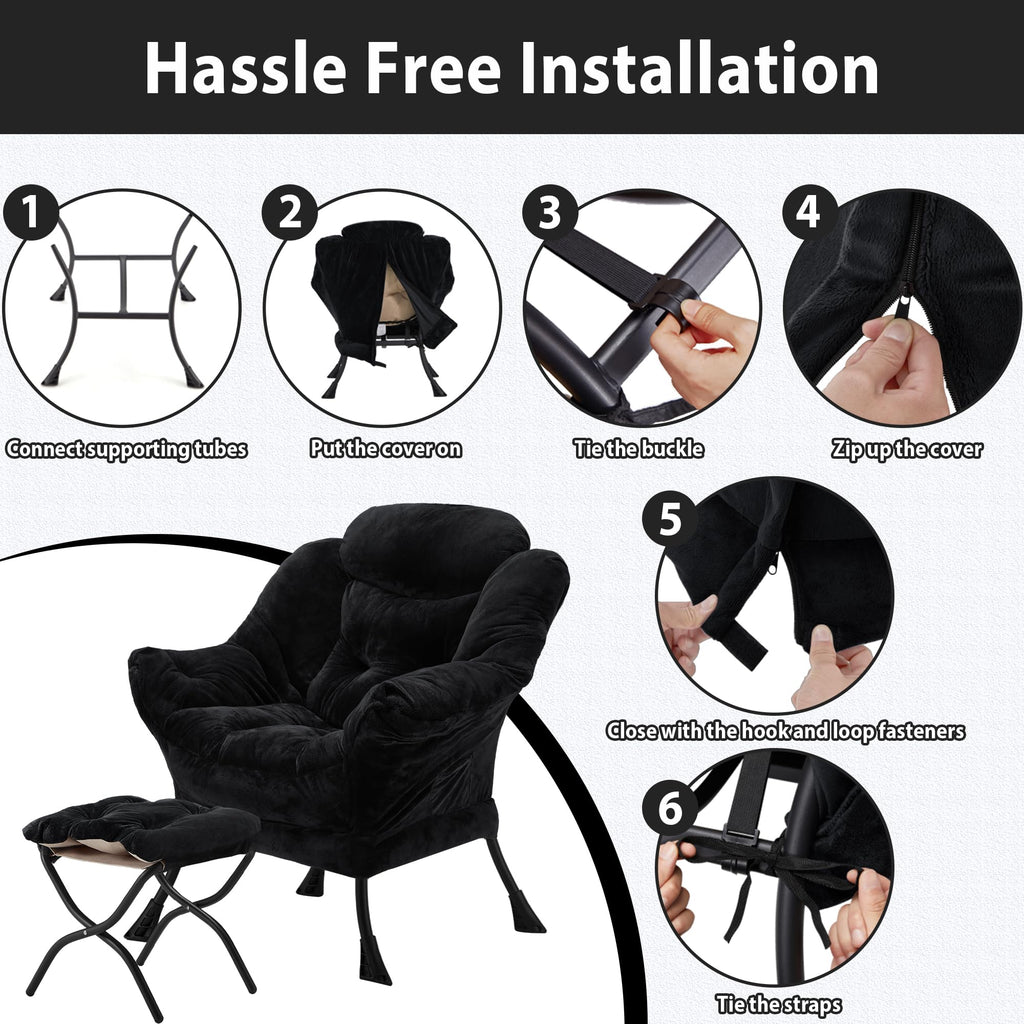 Youtanic Lazy Chair with Folding Ottoman, Accent Chair Velvet Upholstered with Metal Structure and Non-Slip Pads, Sofa Armchair with Footrest and Side Storage Bag for Dorm, Room, Office, Beige