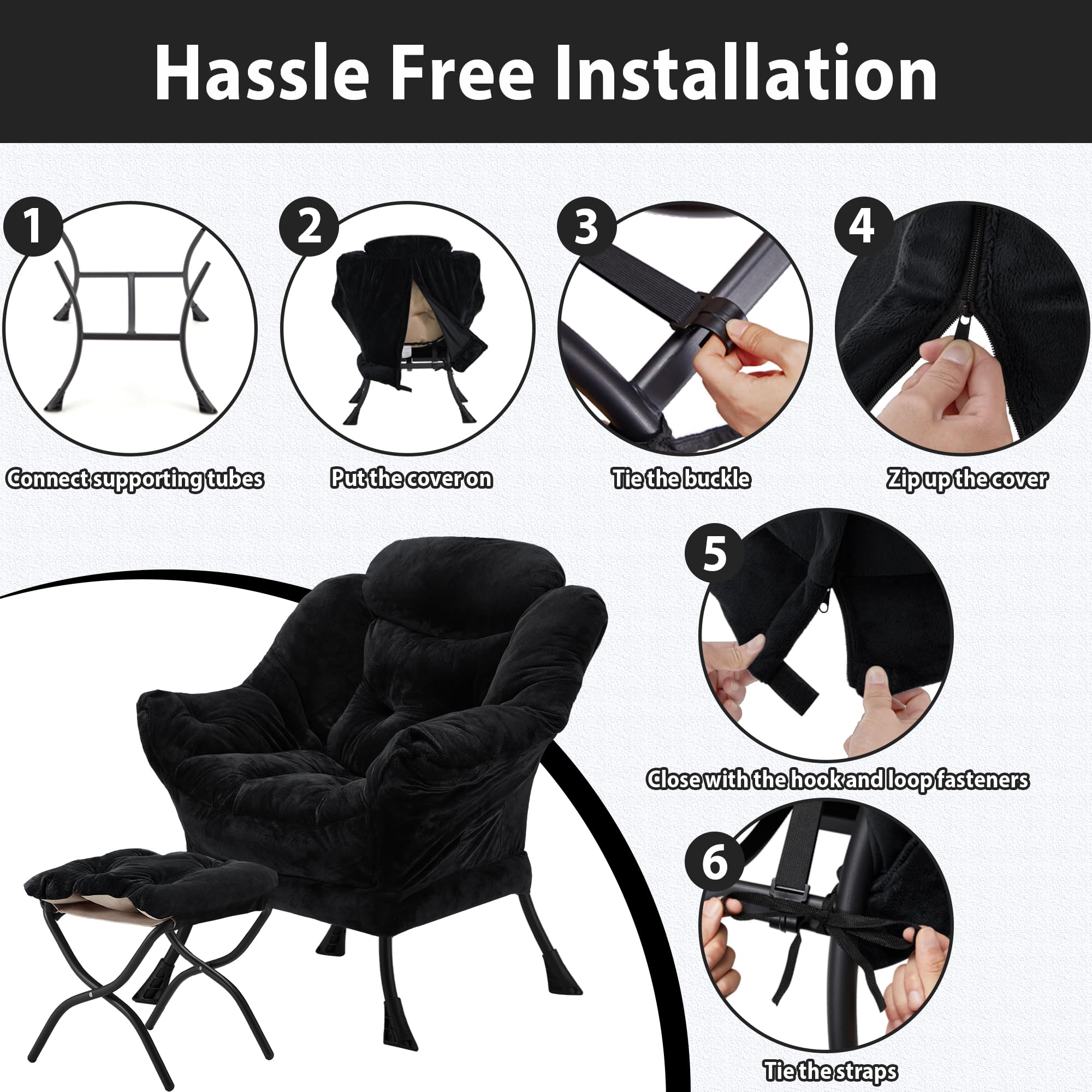Youtanic Lazy Chair with Folding Ottoman, Accent Chair Velvet Upholstered with Metal Structure and Non-Slip Pads, Sofa Armchair with Footrest and Side Storage Bag for Dorm, Room, Office, Beige