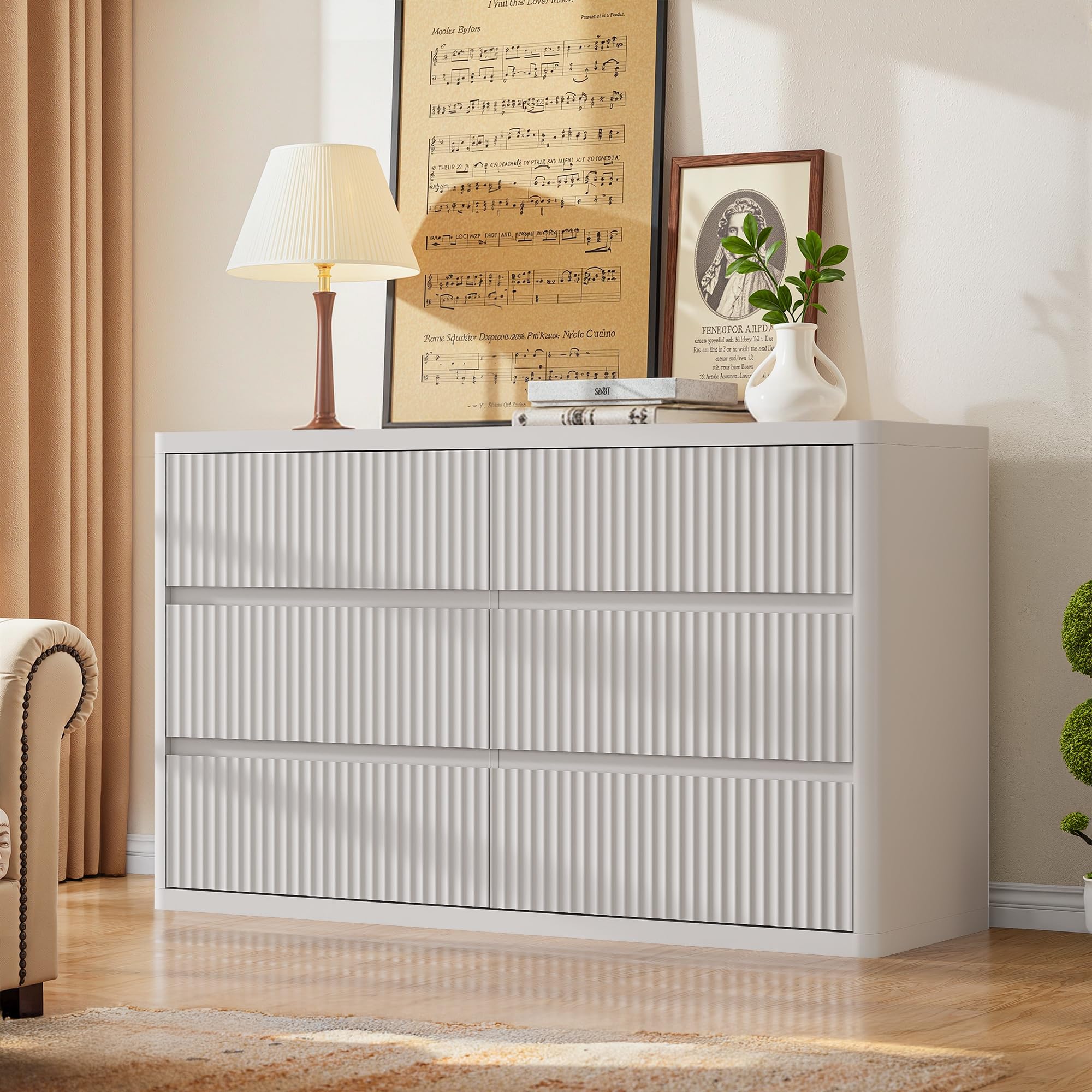Standifurno Black 56" Tall Dresser for Bedroom, Fluted Modern 6 Drawers Deep Dressers, Wood Chest of Drawers with Handleless, Curved Profil Storage Closet Dressers for Bedroom, Living Room, Hallway