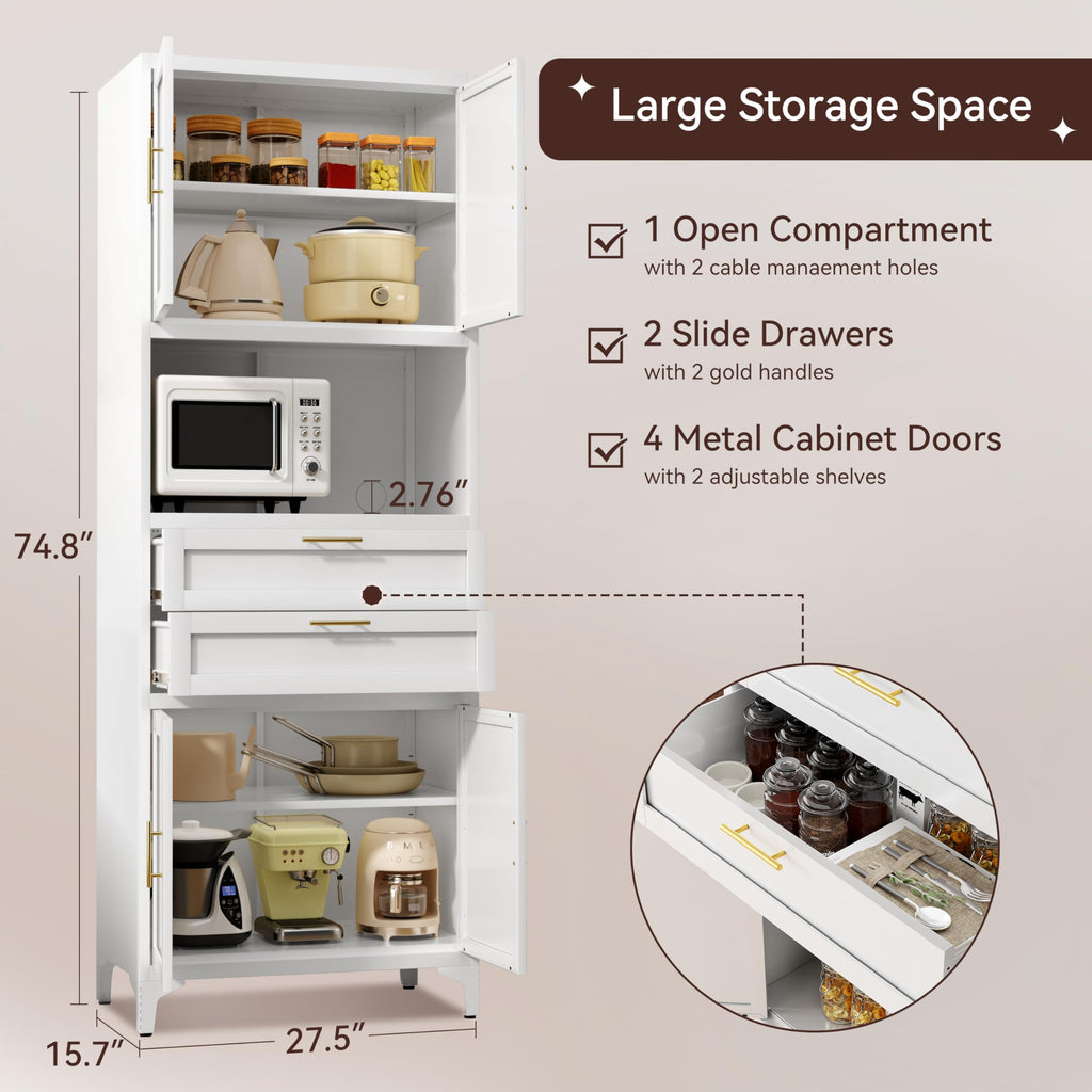 75” Tall Kitchen Pantry Storage Cabinet, Metal Storage Cabinet with 2 Drawers and Adjustable Shelves, Kitchen Pantry Cupboard, Freestanding Cupboard for Bathroom, Living Room(Black)