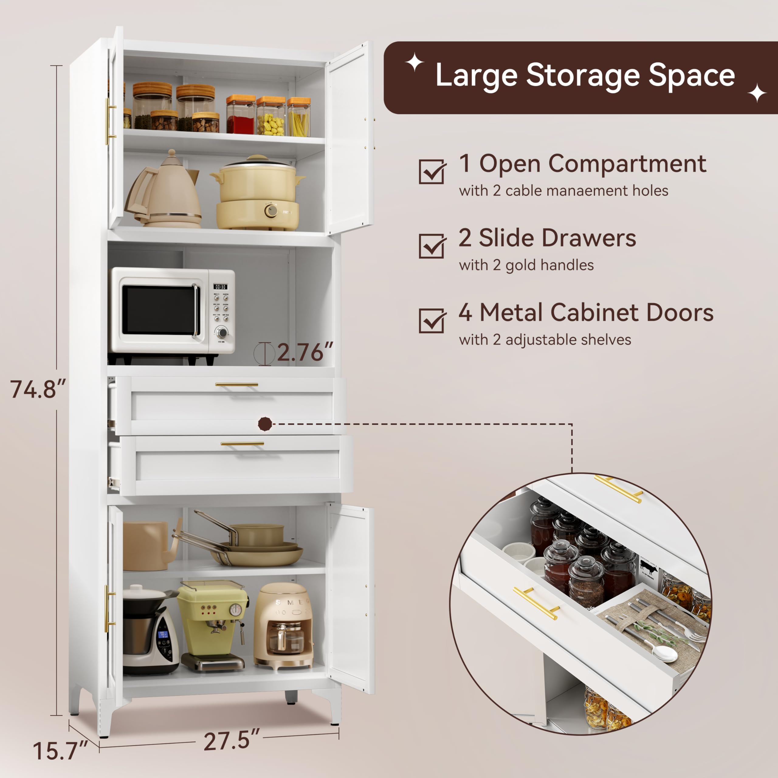 75” Tall Kitchen Pantry Storage Cabinet, Metal Storage Cabinet with 2 Drawers and Adjustable Shelves, Kitchen Pantry Cupboard, Freestanding Cupboard for Bathroom, Living Room(Black)