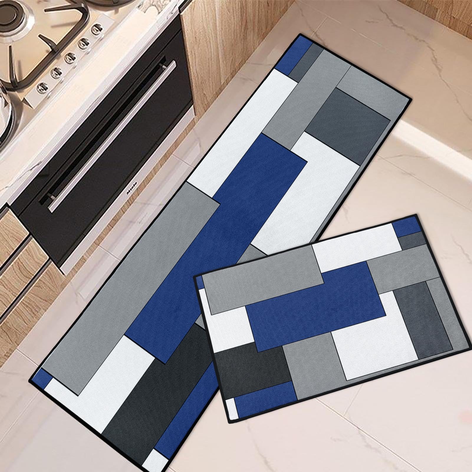 Blue Kitchen Rugs and Mats Non Skid Washable Set of 2, Grey White Modern Abstract Mats for Floor, Geometric Painting Runner Rug Graffiti Art Kitchen Decor