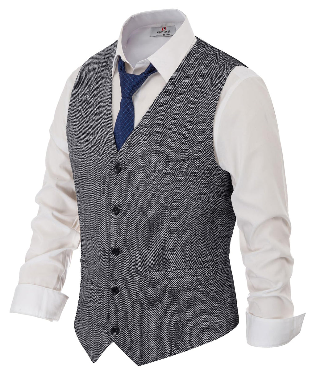 PJ PAUL JONES Men's Herringbone Tweed Suit Vest Casual Wool Blend Waistcoat