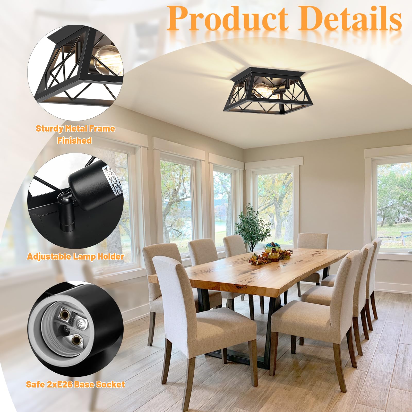 FadimiKoo 2-Light Black Flush Mount Ceiling Light Fixture, Industrial Hallway Light Fixtures Ceiling Mount for Farmhouse Kitchen, Square Cage Ceiling Lamp for Dining Room, Living Room, Entryway