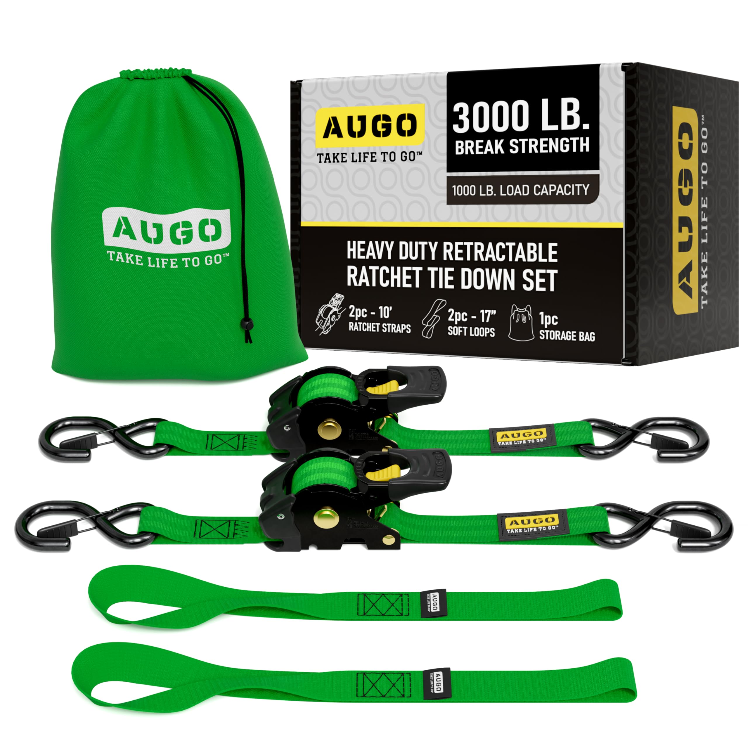 AUGO Retractable Ratchet Straps | 2 Heavy Duty Ratchet Straps Self Retractable Tie Downs with Soft Loops & Storage Bag for Motorcycle, Truck, Trailer, Cargo Van | 1200 Lb Break Strength 1” x 10’