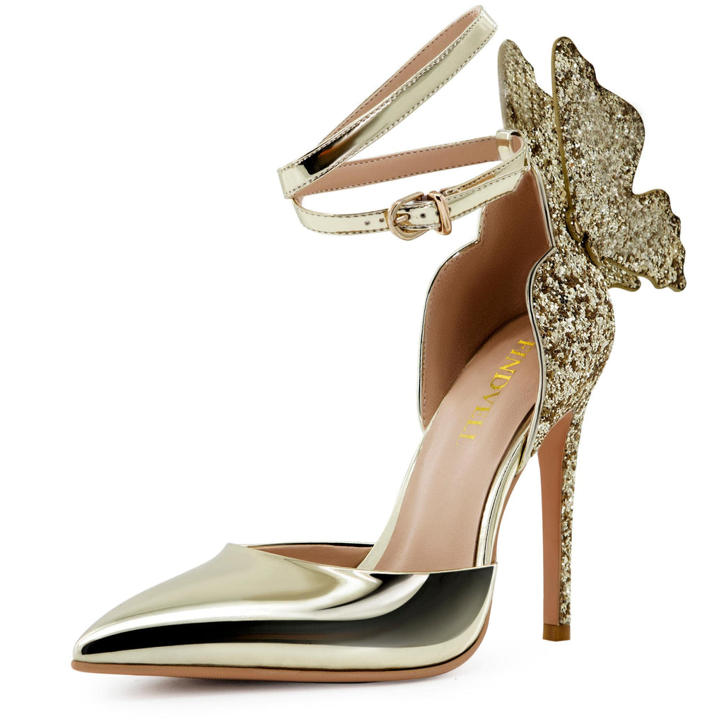FINDVELL Gold High Heels Butterfly Back Sexy Stiletto Pumps Closed Toe Sparkly Ankle Strap Heels Sandals Dress Shoes for Women