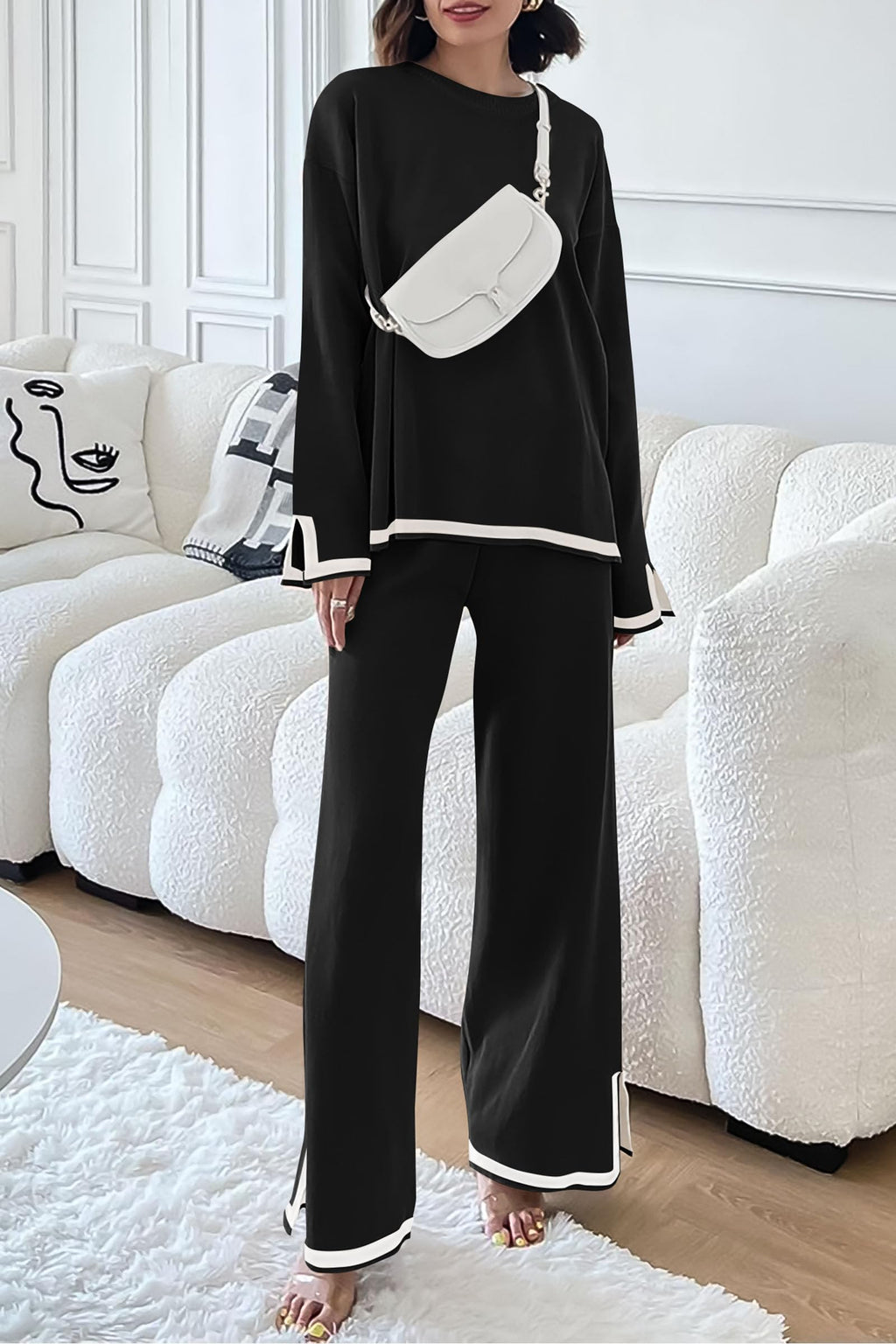 PRETTYGARDEN Women's 2 Piece Knit Sweater Set Travel Outfits | Long Sleeve Tops, Wide Leg Pants, Soft Matching Sweat Track Suits, Casual Fall Winter Clothes for Brunch, Going Out & Cruise