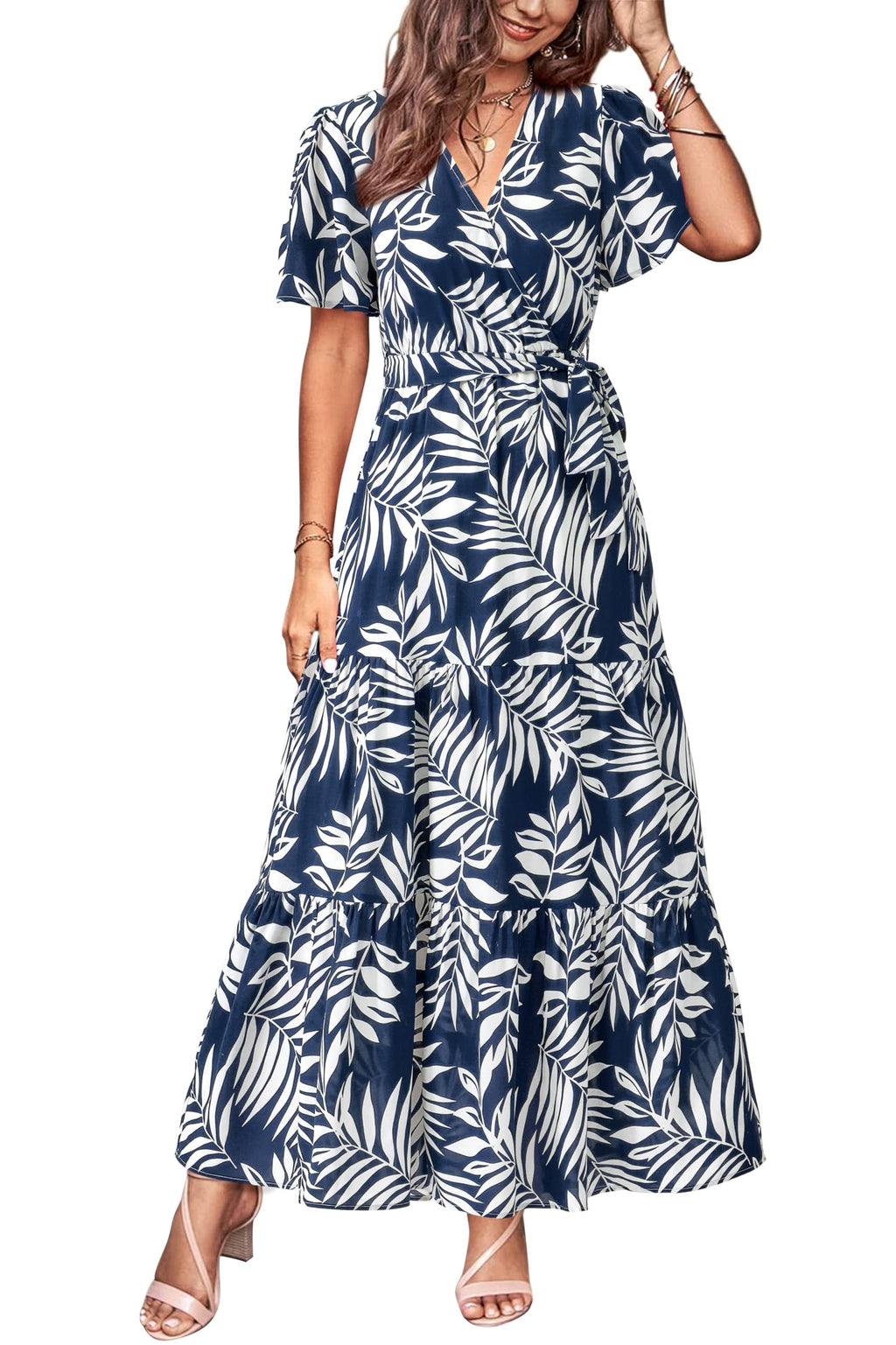 MASCOMODA Womens Summer Swiss Dot Maxi Dresses Wrap V Neck Flutter Short Sleeve Boho Casual Flowy Long Wedding Guest Dress