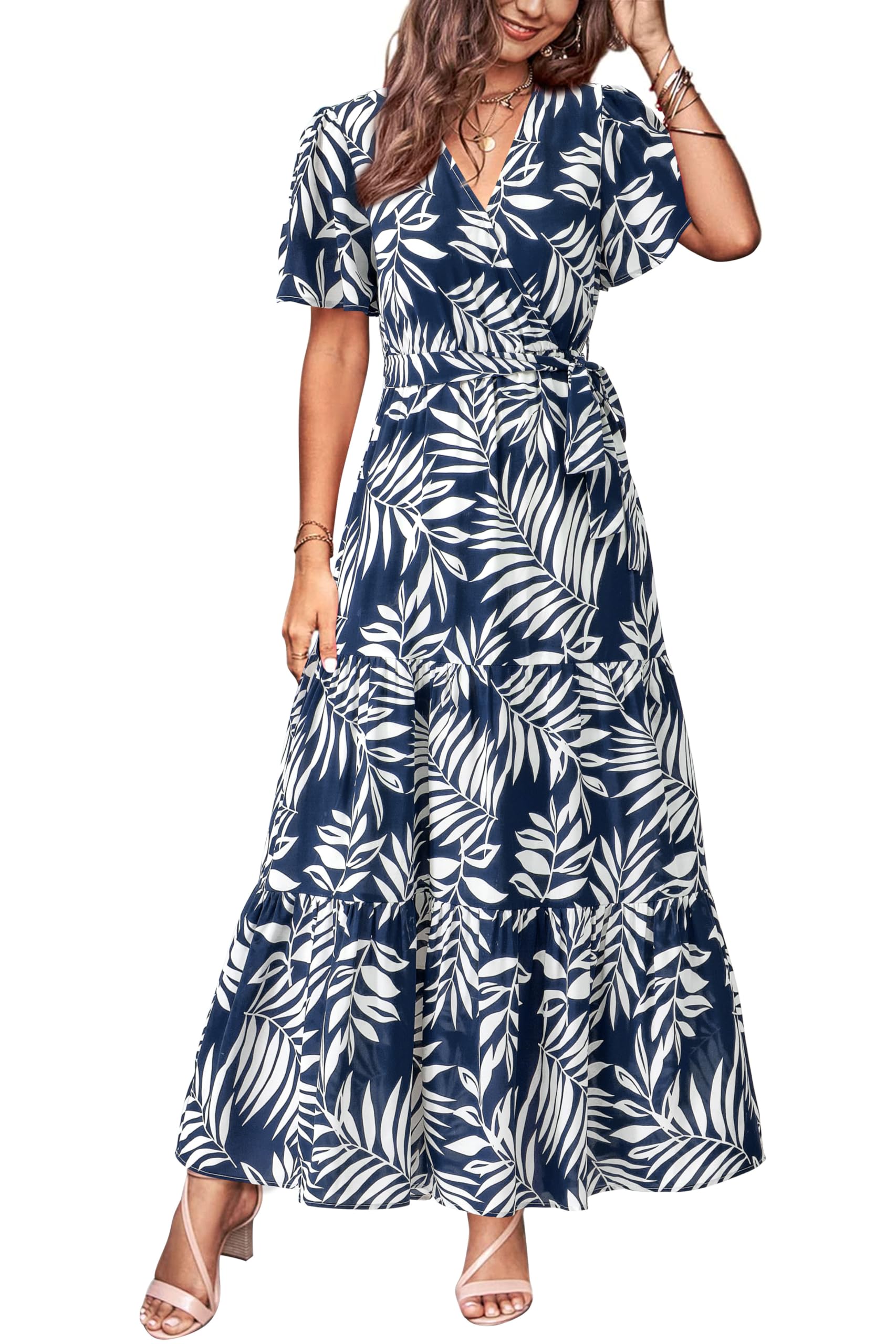 MASCOMODA Womens Summer Swiss Dot Maxi Dresses Wrap V Neck Flutter Short Sleeve Boho Casual Flowy Long Wedding Guest Dress