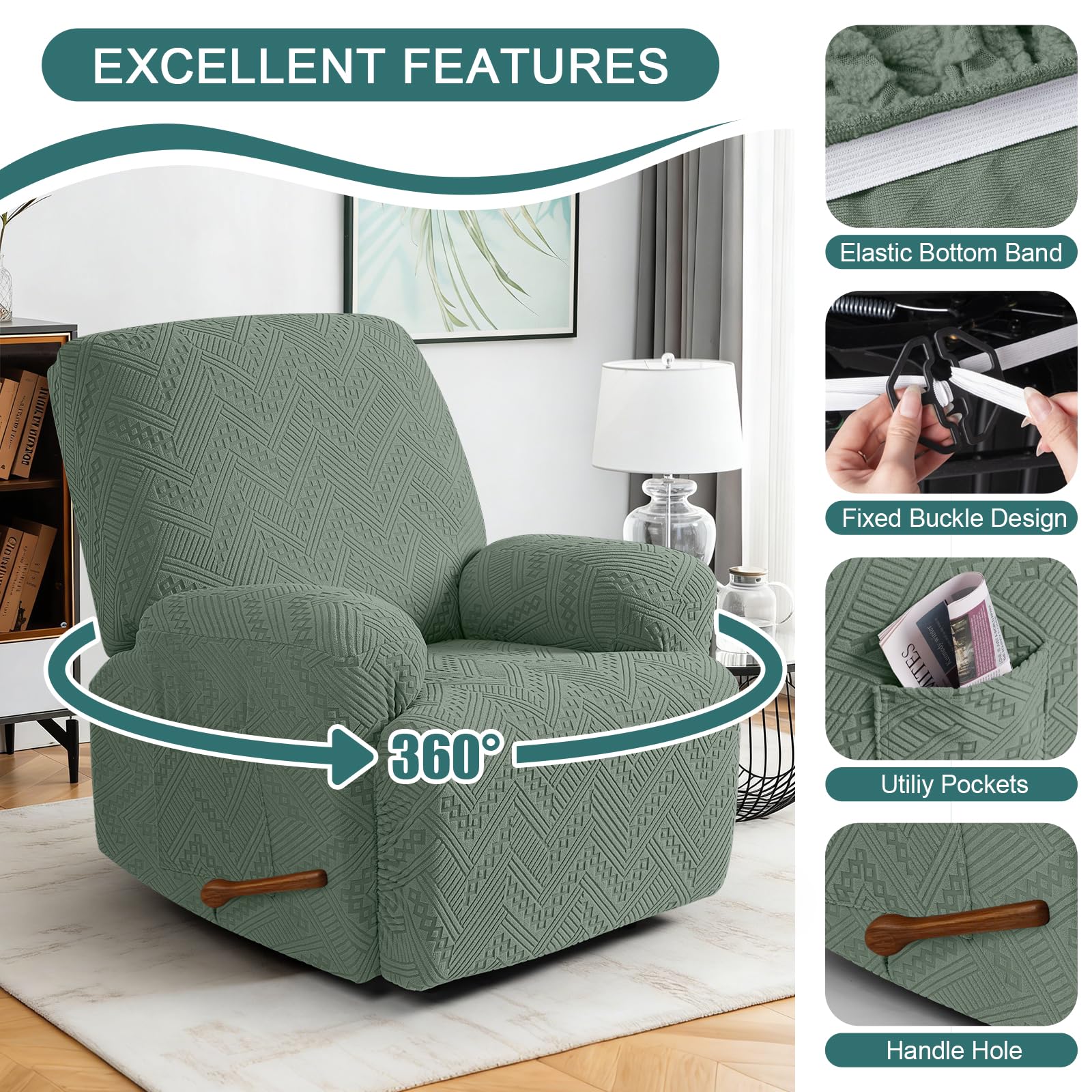Ruaozz Recliner Chair Covers 3-Pieces Lazy Boy Recliner Slipcovers Stretch Reclining Chair Slipcover Washable Furniture Protector with Elastic Bottom (1 Seater, Army Green)
