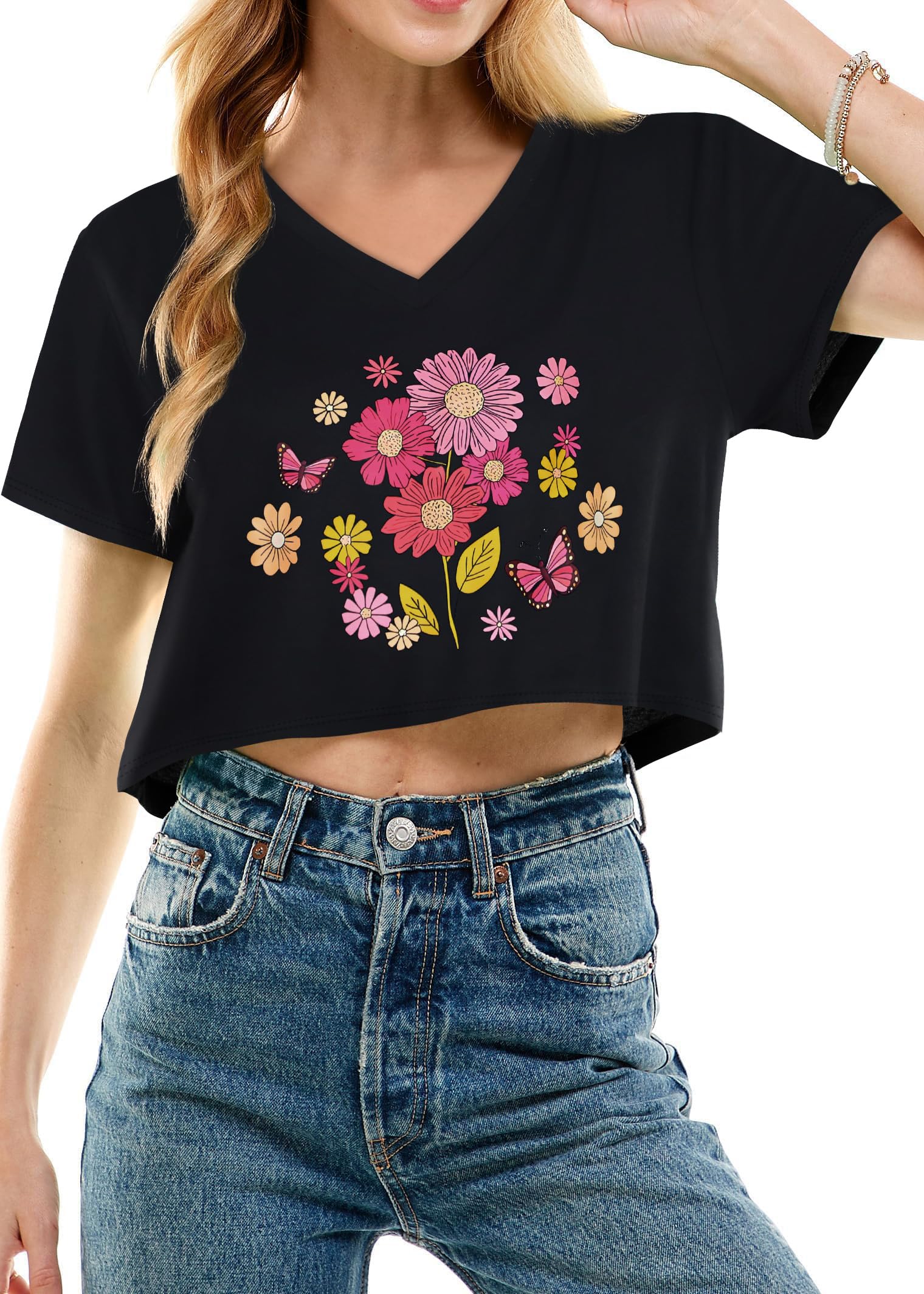 Womens Crop Tops Summer Baisc Tees V Neck T Shirts Casual Short Sleeve Cropped Top 2026