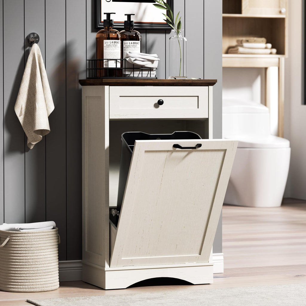 AHB Double Tilt Out Trash Can Cabinet Freestanding Kitchen Trash Can, 2x13 Gallons Hidden Garbage Recycling Cabinet with Hideaway Drawers Pet Proof Trash Can Holder for Kitchen, Antique White