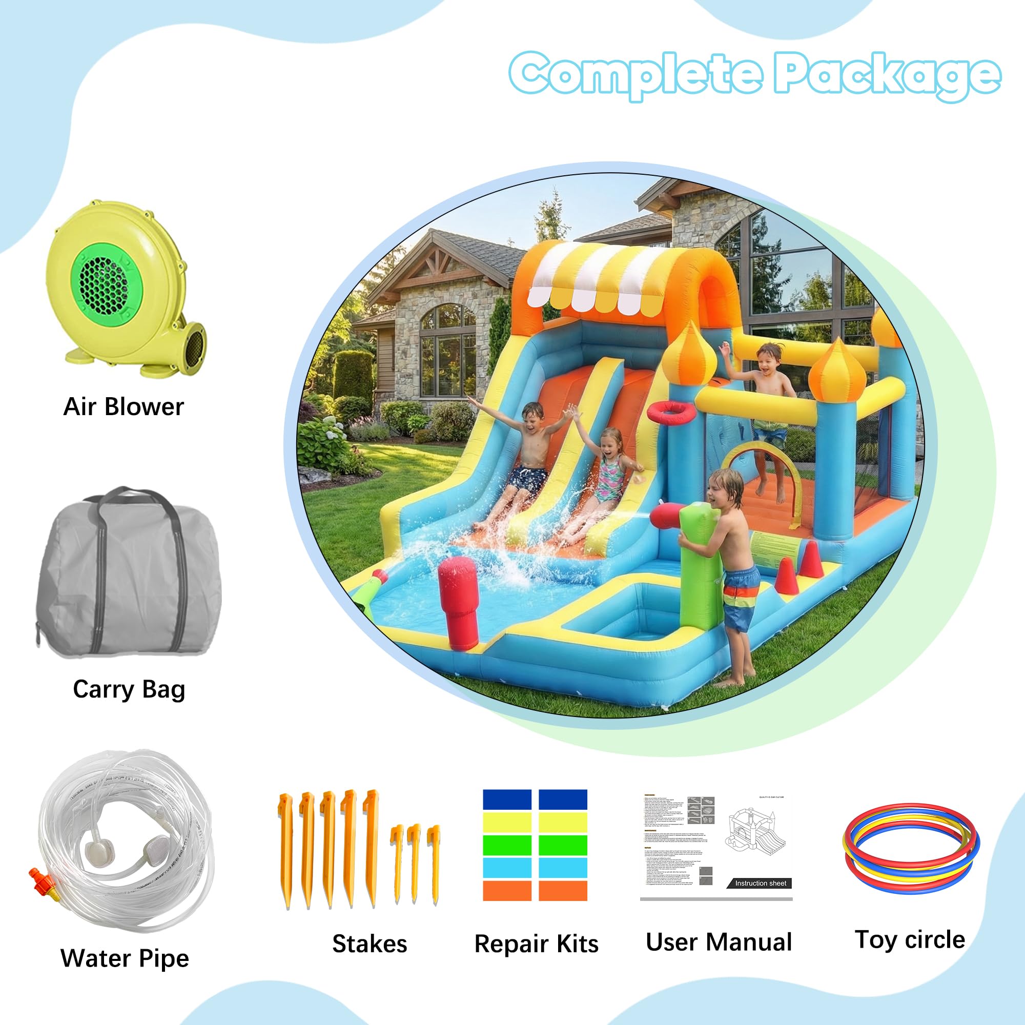 Blow Up Water Slides Two Long Slides Jumping Bouncy Castle for Kids Outdoor Inflatable Bounce House with 680W Blower for Kids Backyard