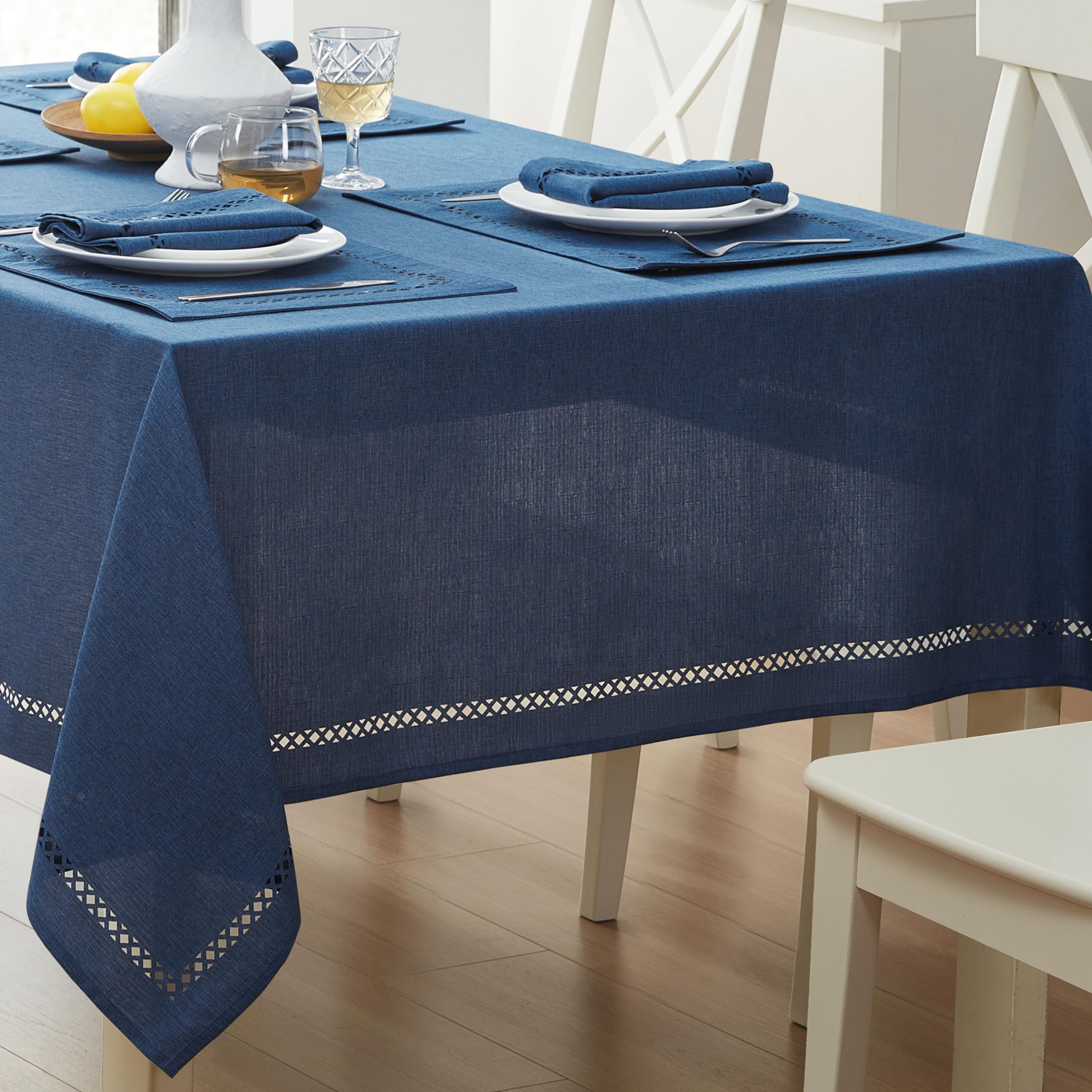 Newbridge Rectangle Fabric Placemats, Set of 4 Placemats, Provence Lattice Cutwork Solid Color Textured, Water and Stain Resistant Easy Care, Denim Blue