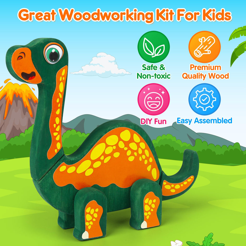 Mocoosy Wooden Dinosaur Painting Art and Craft Kit for Kids 4-8, Build & Decorate Your Own Dinos with Paint & Stickers, Wood Dinosaur Builder Game Montessoi Educational Toy Gift Toddler Boys Girls 3-5