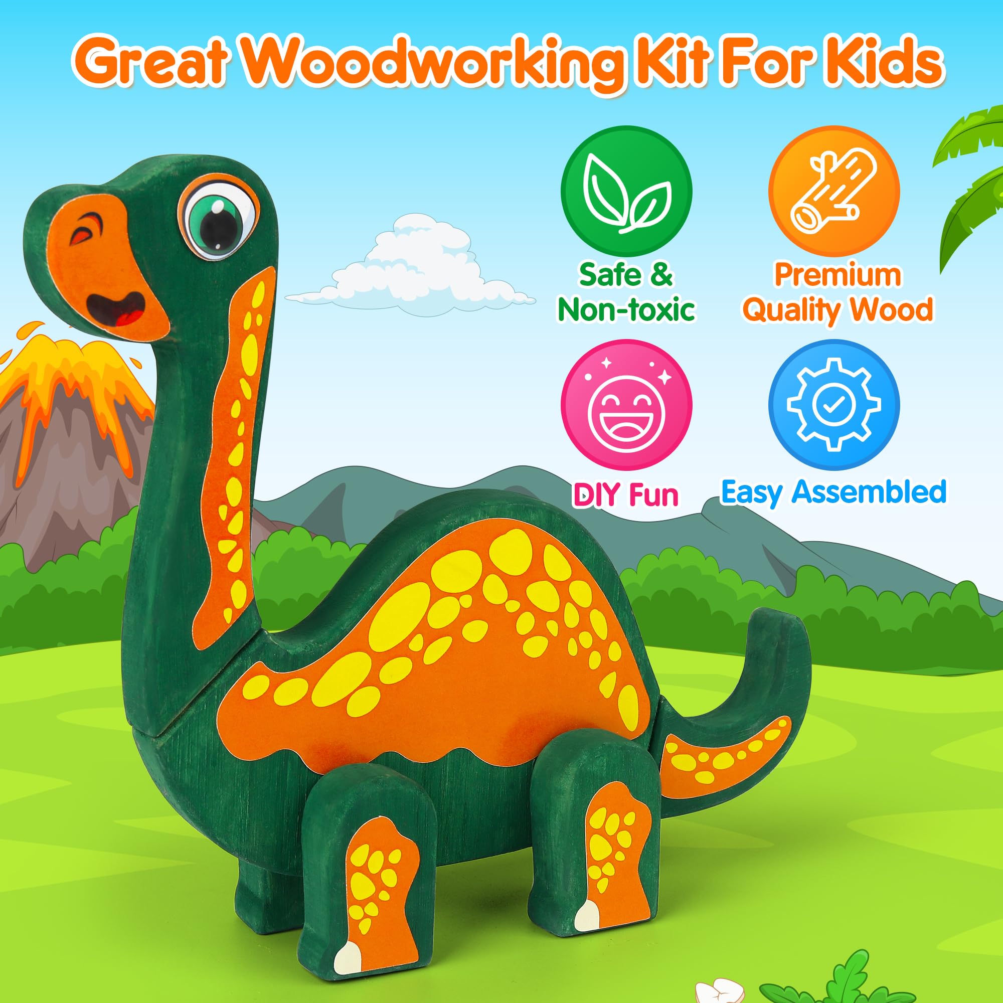 Mocoosy Wooden Dinosaur Painting Art and Craft Kit for Kids 4-8, Build & Decorate Your Own Dinos with Paint & Stickers, Wood Dinosaur Builder Game Montessoi Educational Toy Gift Toddler Boys Girls 3-5