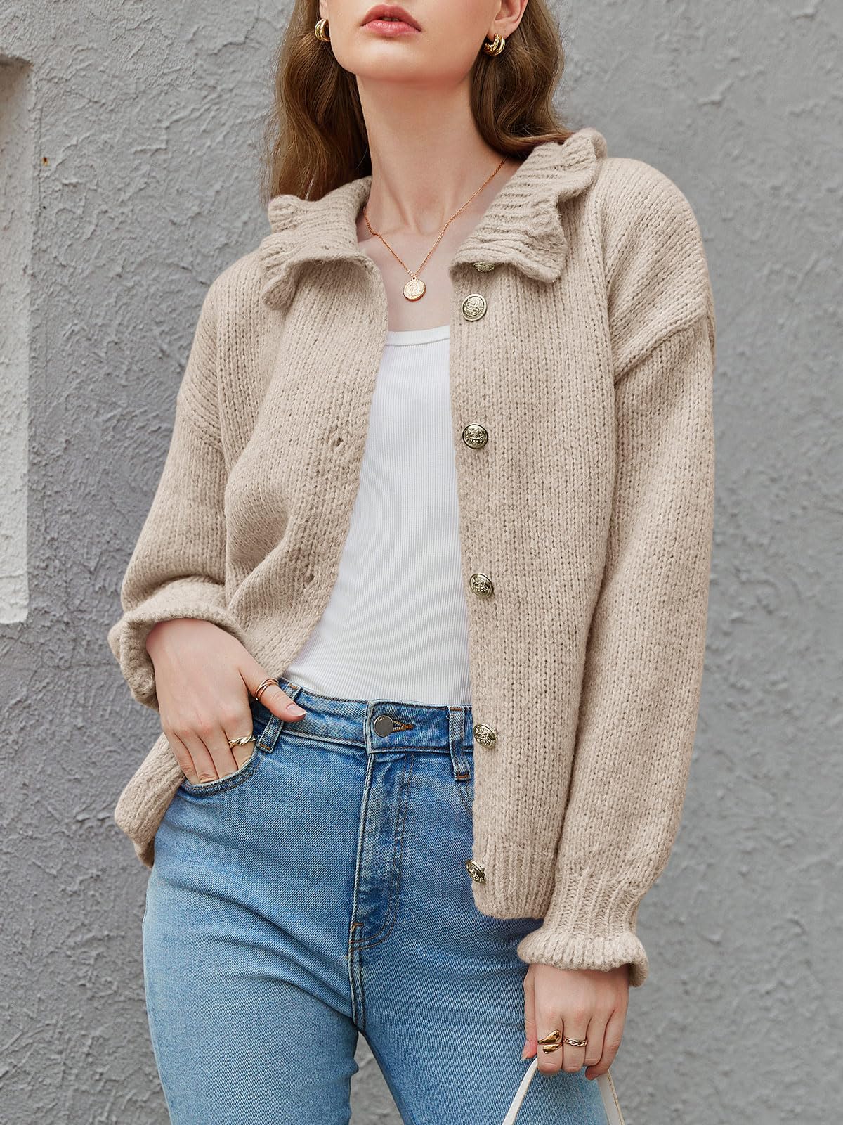 Saodimallsu Womens Ruffle Cardigan Oversized Button Up Fall Trendy Ribbed Knit Open Front Long Sleeve Loose Cute Sweater