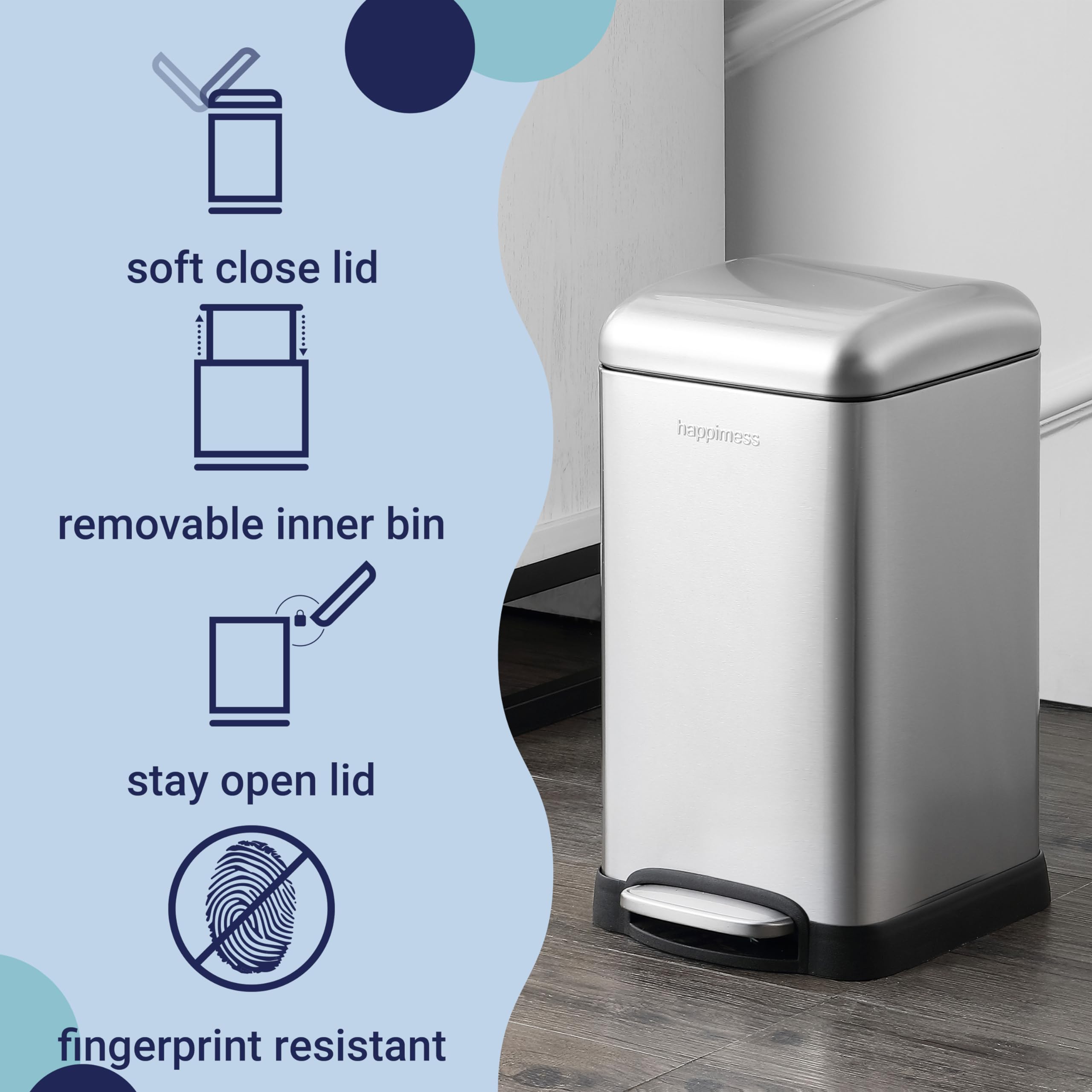 happimess HPM1012B Betty Retro Mini 3.2-Gallon Step-Open Trash Can with Soft-Close Lid, Modern, Minimalistic, Fingerprint Proof for Home, Kitchen, Laundry Room, Office, Bedroom, Bathroom, Black