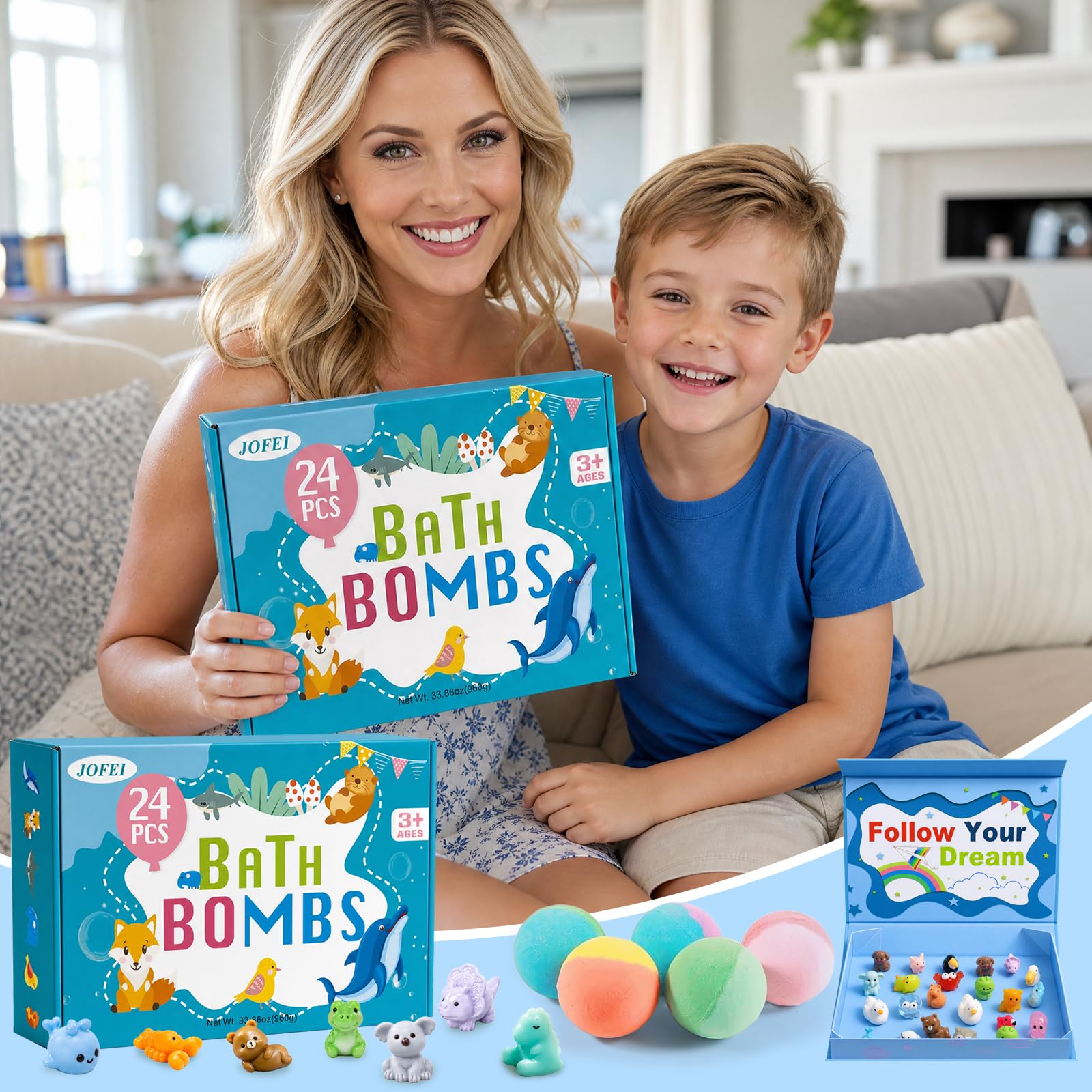 Bath Bombs for Kids with Surprise Inside, 24 Pack Kids Bath Bombs with Toys Inside Gift Set, Kid Bubble Bath Fizzy for Girls Boys with Bath Toys (Classic Edition)