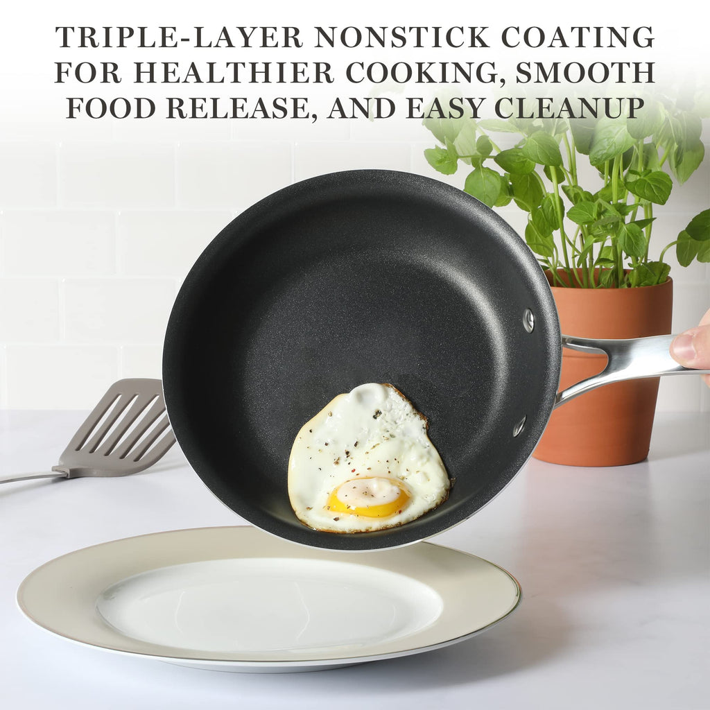 Martha Stewart Lockton Premium Nonstick PFA Free Ceramic Interior 10 Piece Enamel Heavy Gauge Aluminum Pots and Pans Cookware Set - Butter Cream