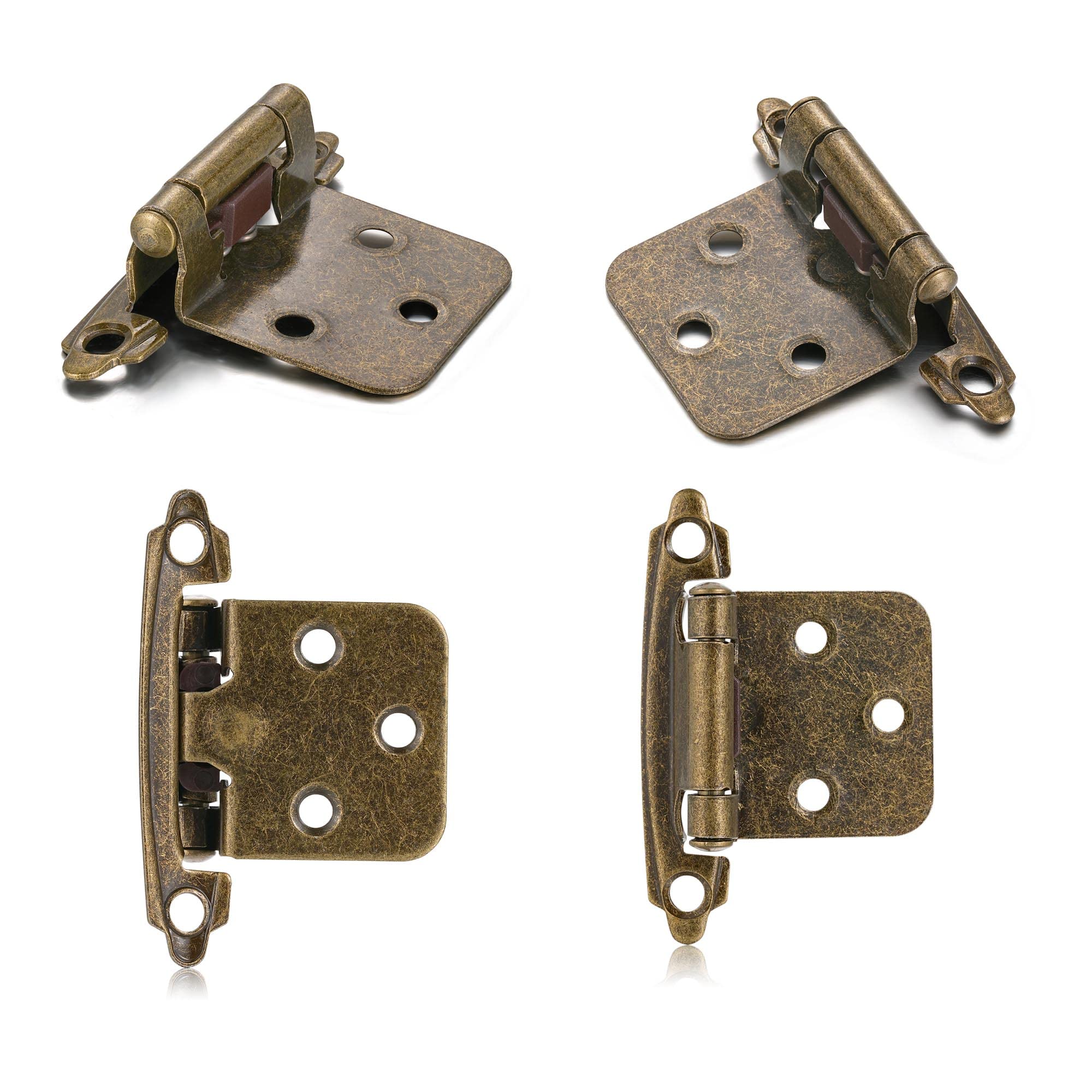 4 Pack (2 Pairs) Antique Brass Self Closing Cabinet Hinges for Kitchen Cabinet Door, 1/2" Overlay (Variable) Semi Concealed Kitchen Cabinet Hinges