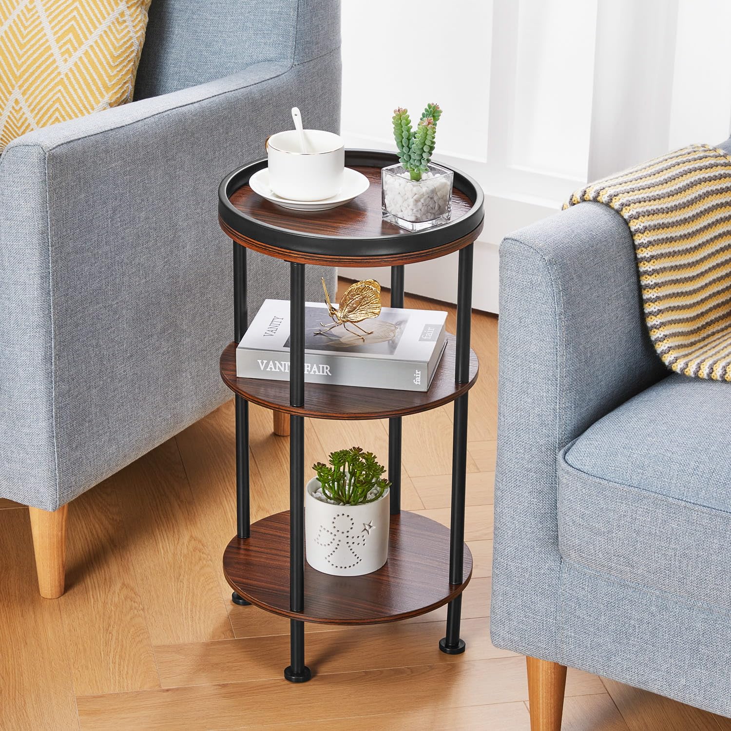 Small Round Side Table with Charging Station for Small Spaces, 3-Tier Accent Table with USB Ports & Power Outlets, Sofa Corner Tea Table for Living Room Nightstand Bedroom Apartment (Black)