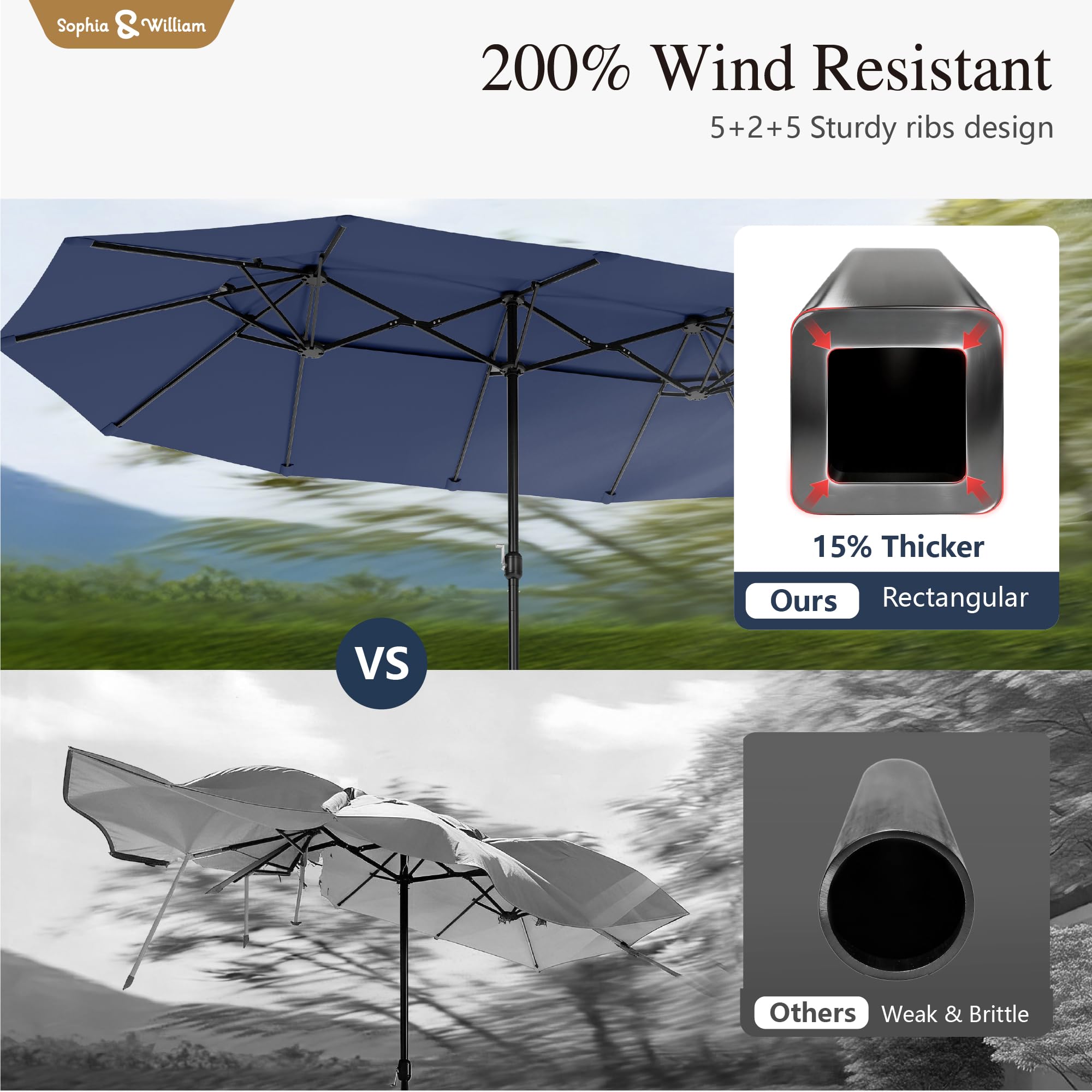 Sophia & William 15 ft Extra Large Patio Umbrella with Base Included, Rectangular Outdoor Umbrella Heavy Duty, Market Umbrella Double-sided Fade Resistant for Pool Garden Backyard, Beige