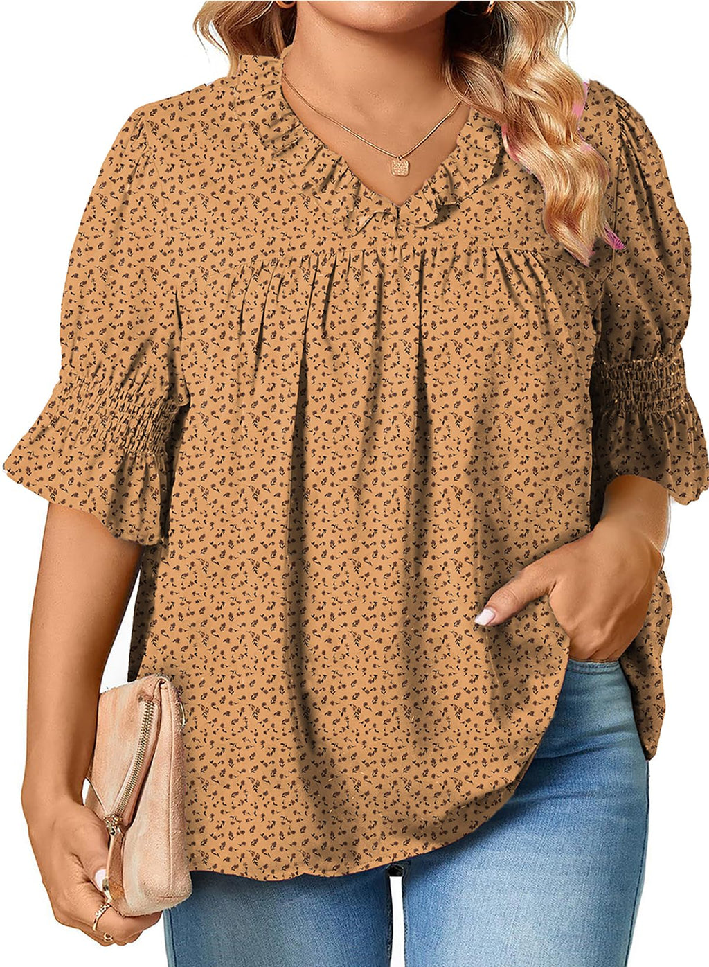 Eytino Plus Size Tops for Women Summer V Neck Short Sleeve Boho Floral Printed Flowy Chiffon Shirts Blouse(1X-5X)