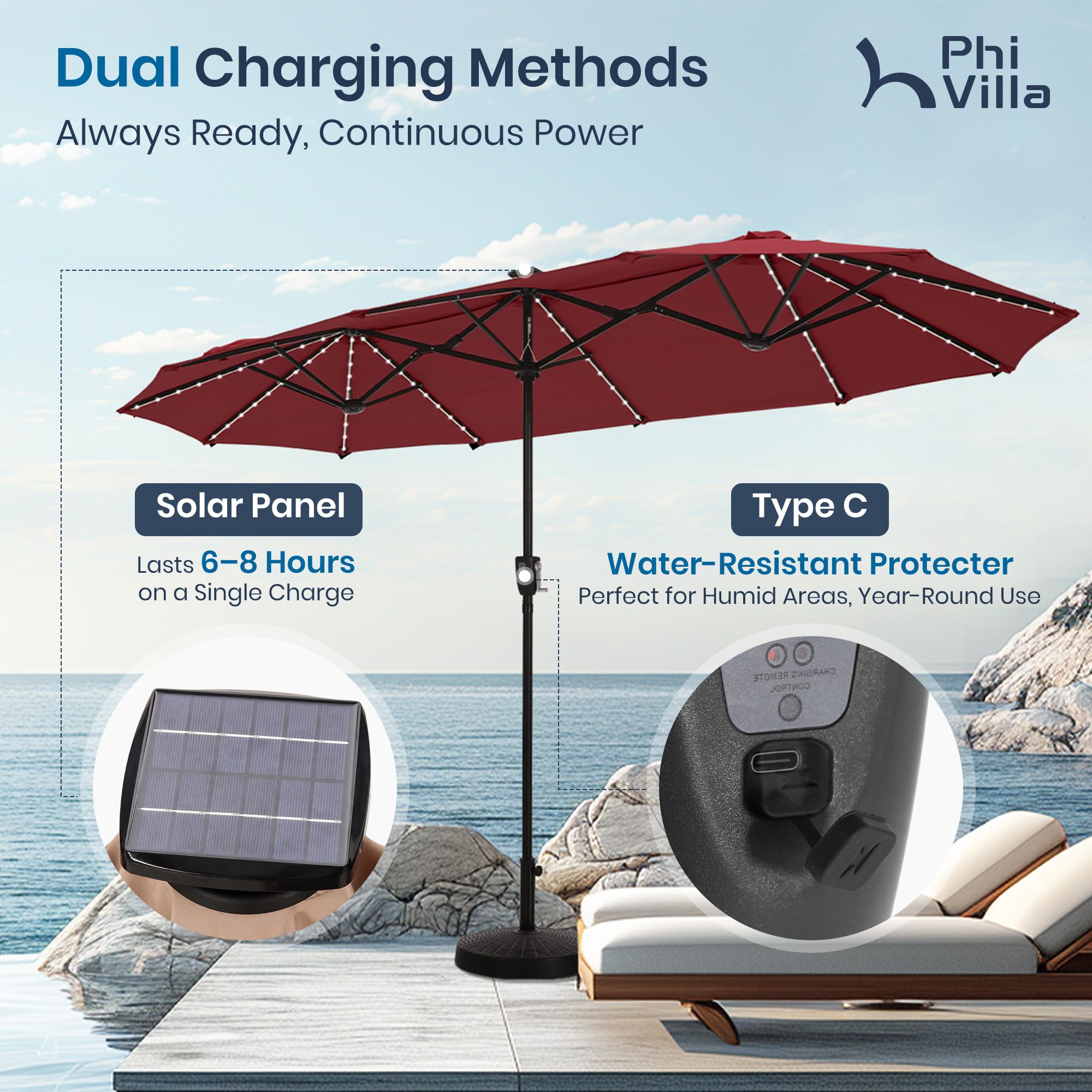 PHI VILLA 13ft Patio Umbrella with Solar-Powered 120 PCS LED Color-Changing Lights, Triple-Head Large Rectangle Umbrella Outdoor Patio for Table with Crank Lift,Beige(No Base)