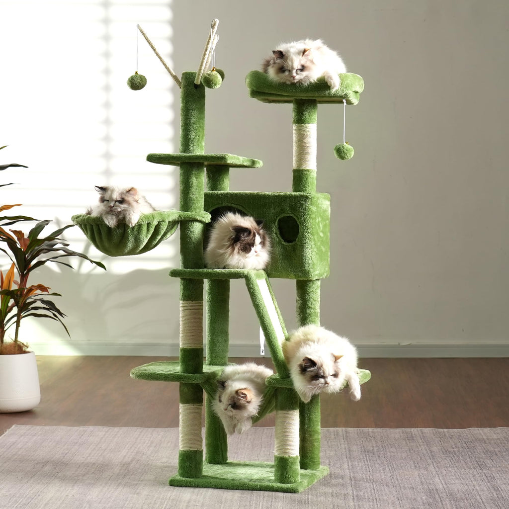 Hey-brother Cat Tree, 53 inch Cat Tower for Indoor Cats, Cat House with Padded Platform Bed, Toy Balls, Large Cozy Condo, Hammocks and Sisal Scratching Posts, Beige MPJ019-SM