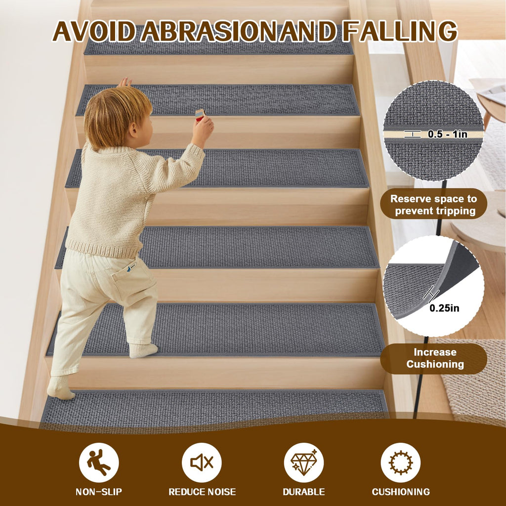 Non Slip Stair Treads for Wooden Steps, Square Rubber Backing Non Slip Stair Landing Mat, Thicken Linen Carpet Stair Runners Indoor, No Residue Stair Carpet Treads, 29"x29", Beige