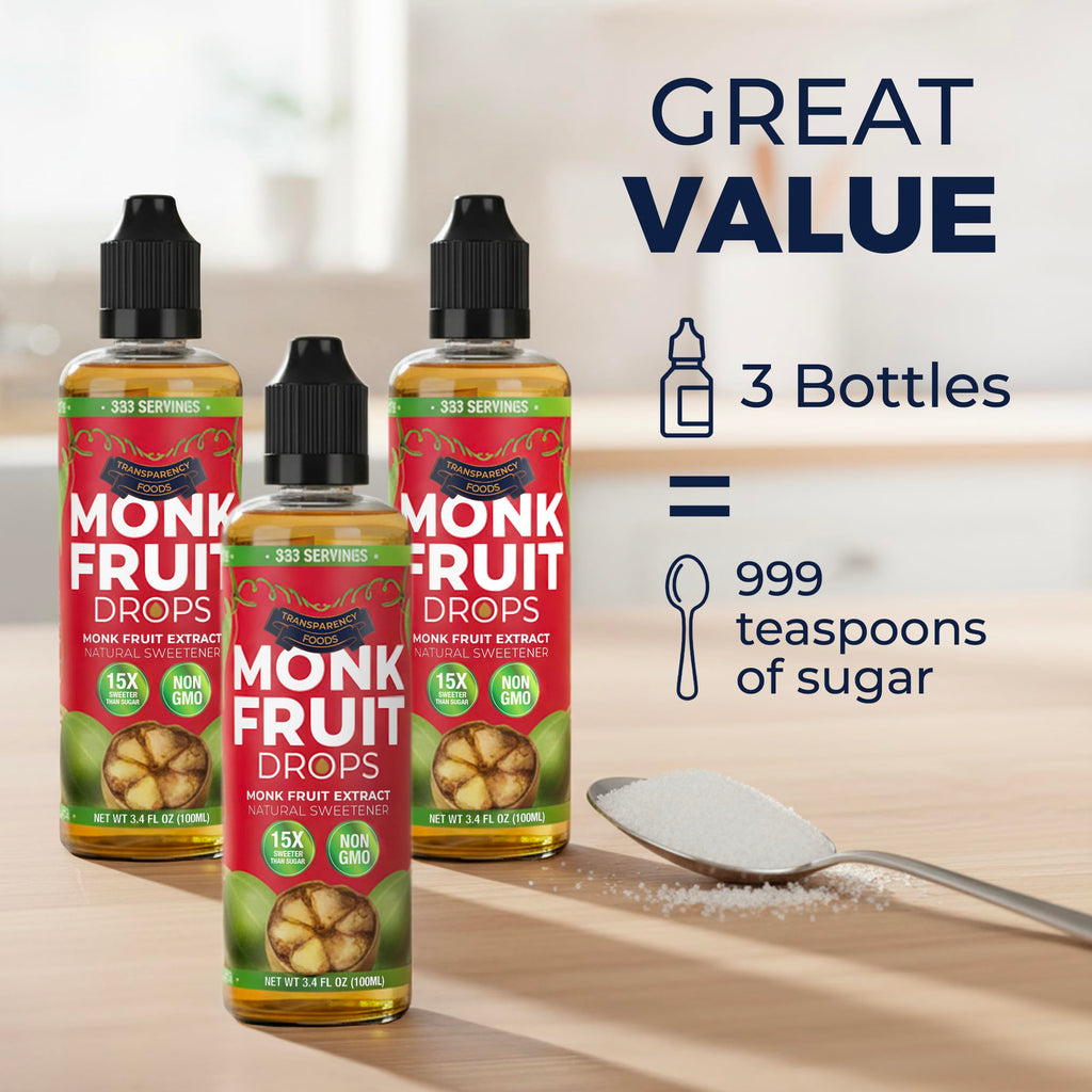 Monk Fruit Extract (6 Drops = 1 Tsp of Sugar) Zero Calories, Non-GMO, No Fillers - Liquid Monk Fruit Sweetener No Erythritol by Transparency Foods NEW FORMULA (1.7oz, 167 servings)