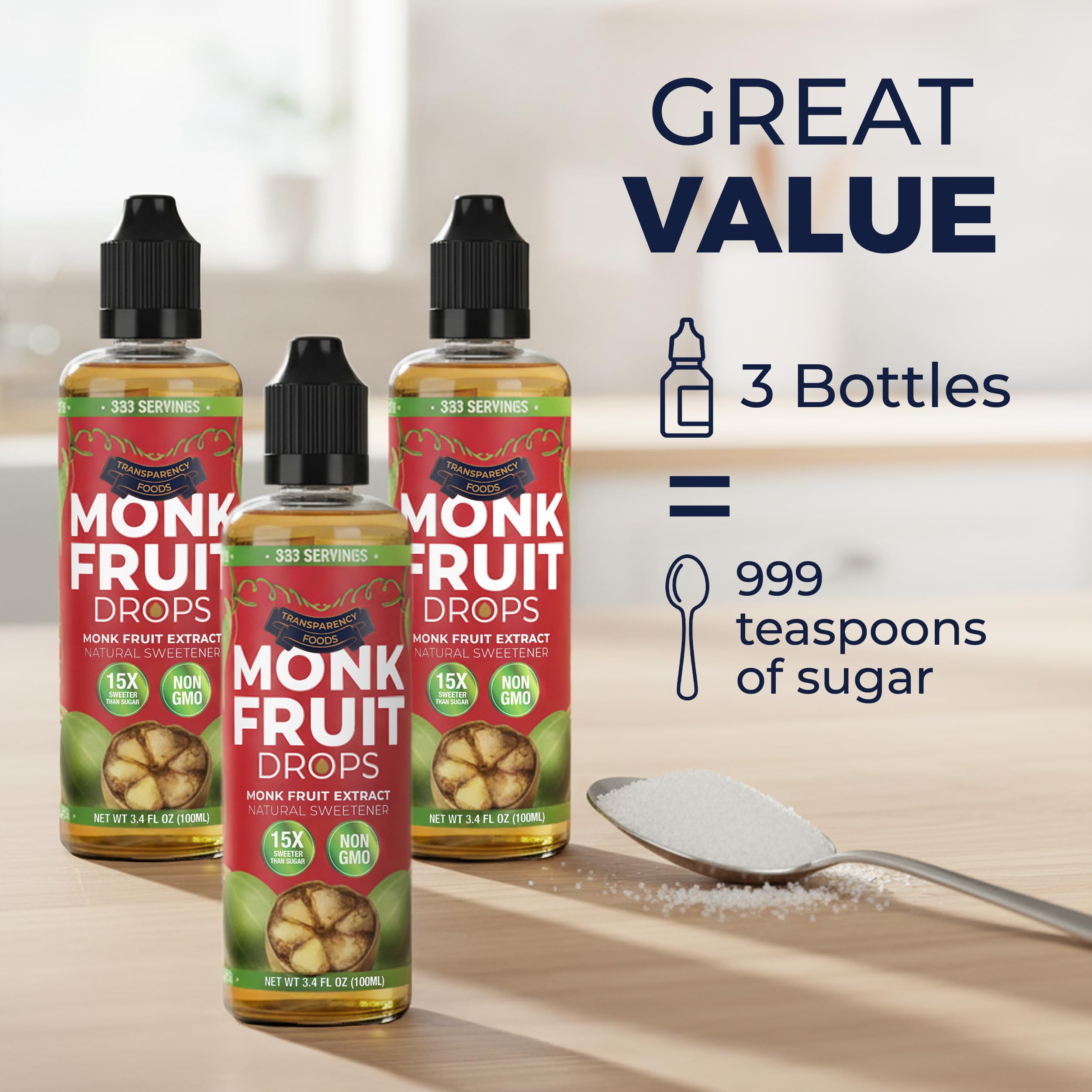 Monk Fruit Extract (6 Drops = 1 Tsp of Sugar) Zero Calories, Non-GMO, No Fillers - Liquid Monk Fruit Sweetener No Erythritol by Transparency Foods NEW FORMULA (1.7oz, 167 servings)