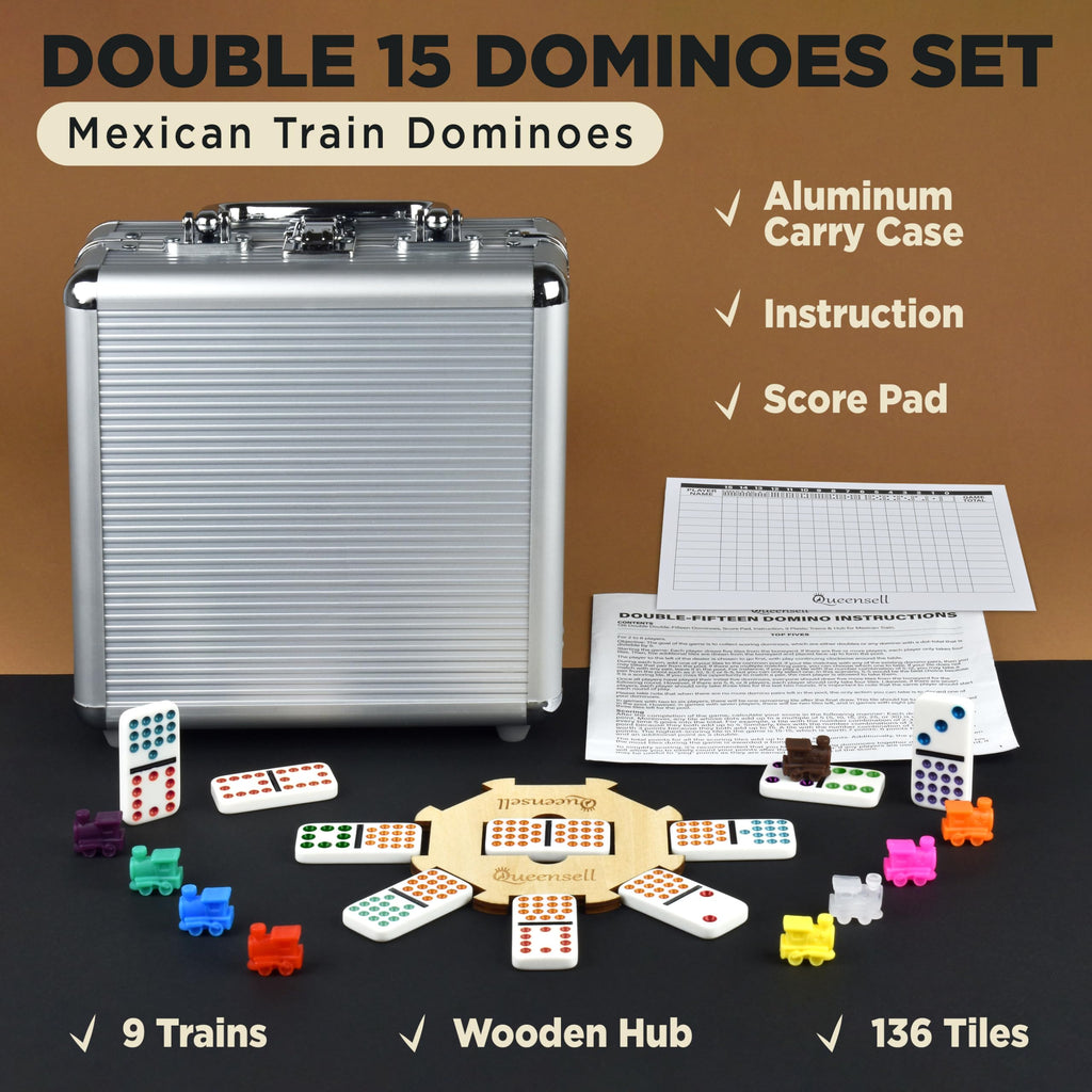 Queensell Mexican Train Dominoes Set Double 15 for Adults and Family, Mexican Train Double 15 Dominoes Set Colored Dot - 136 Tiles, 9 Trains, Wooden Hub, Aluminum Case (Double 15)