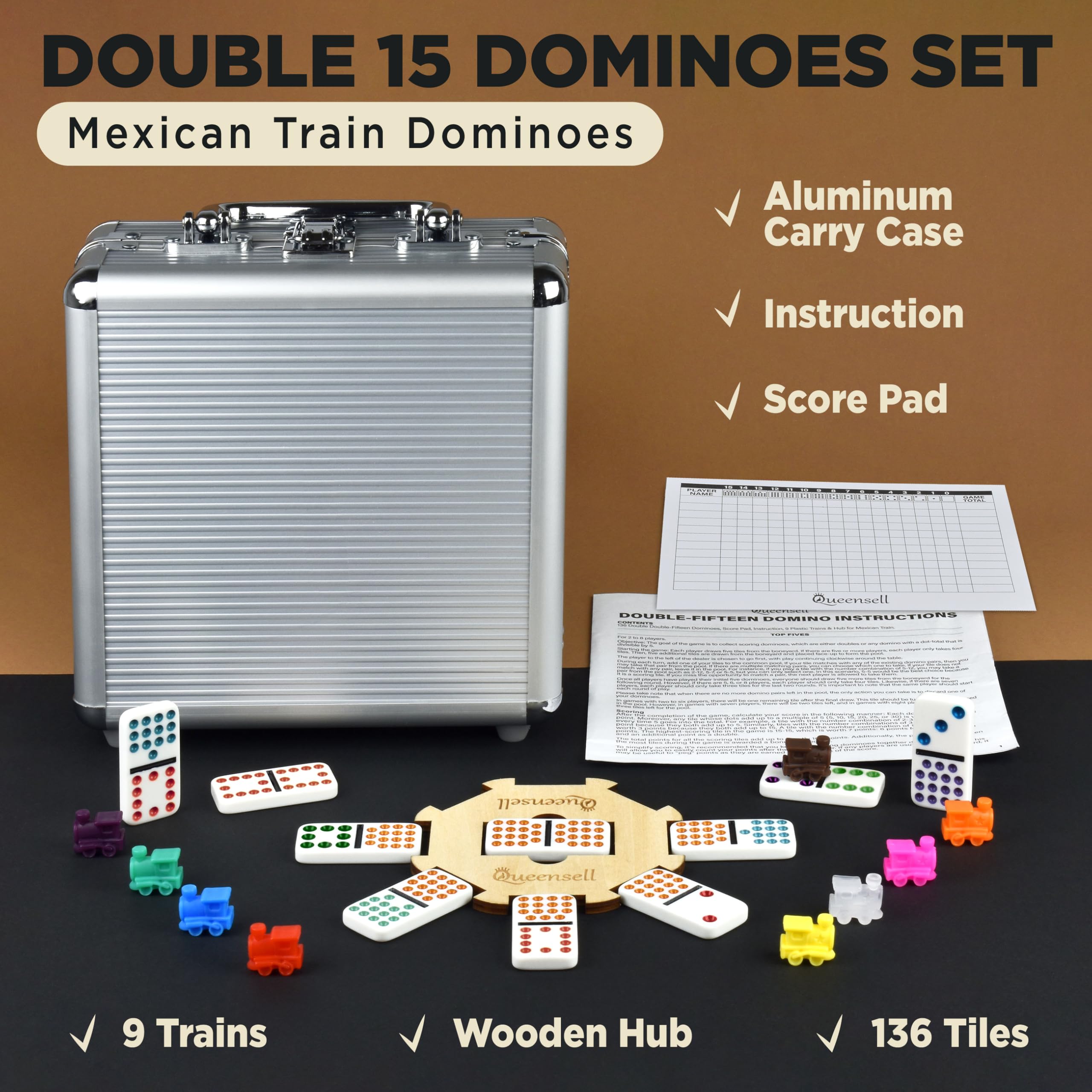 Queensell Mexican Train Dominoes Set Double 15 for Adults and Family, Mexican Train Double 15 Dominoes Set Colored Dot - 136 Tiles, 9 Trains, Wooden Hub, Aluminum Case (Double 15)