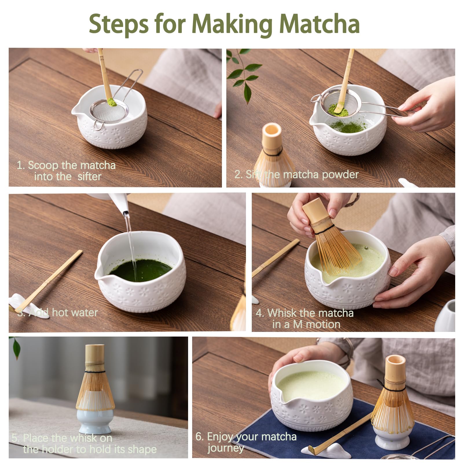 Buucup Matcha Whisk Set, Ceramic Matcha Kit Includes Matcha Bowl, Matcha Whisk and Holder, Bamboo Scoop, Scoop Rest, Sifter and Tea Towel - 7 Pcs Matcha Kit for Matcha Lovers (Blue)