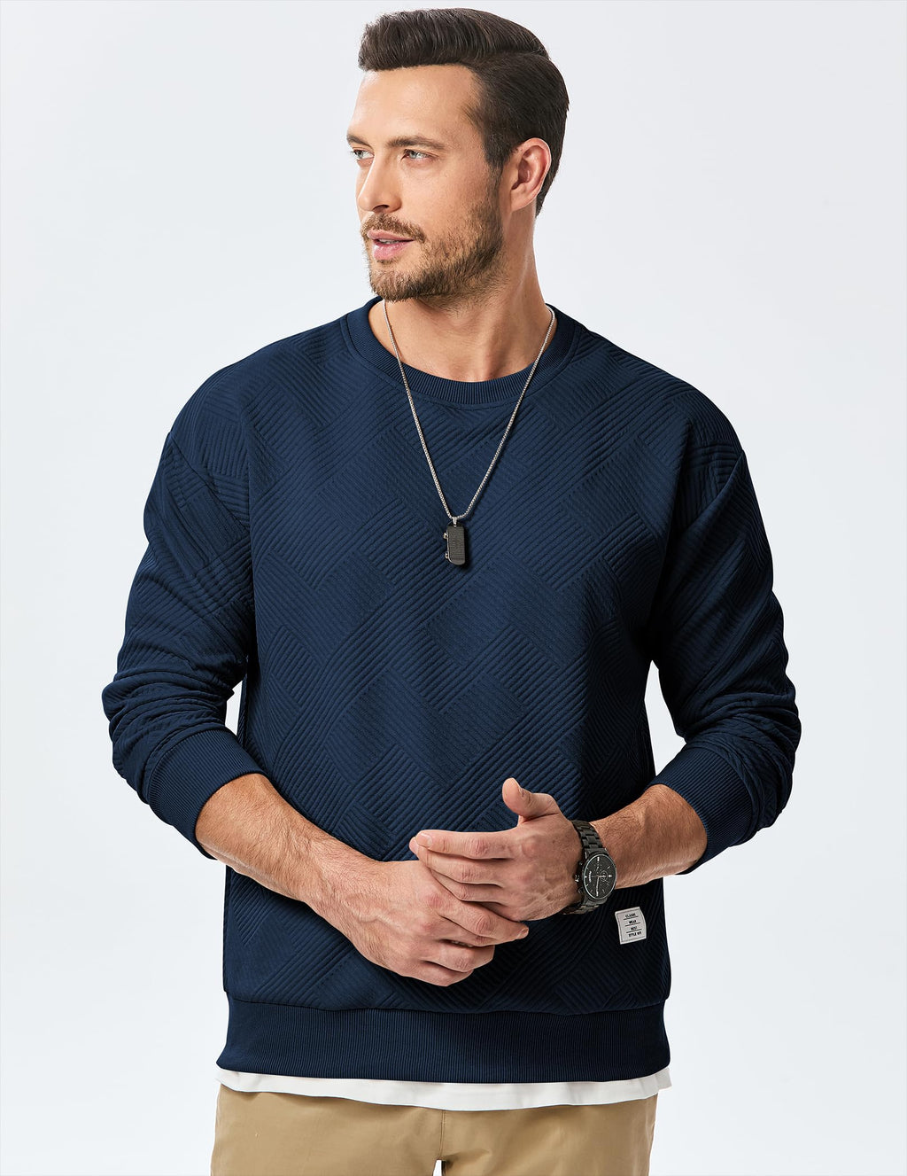 Dokotoo Men Men's Crewneck Sweatshirts Soild Color Geometric Texture Long Sleeve Casual Pullover Shirt