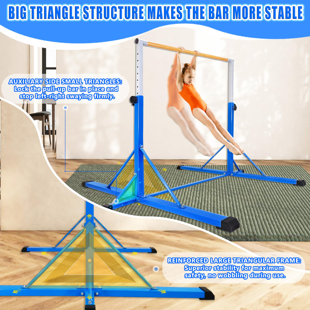 FC FUNCHEER Gymnastics Bar for Kids Ages 3-15, 35" to 60" Adjustable Height, 4FT Wide Base - Professional Kip Bar with 360° Stability & Fiberglass Crossbar, Easy Fold&Solid Design for Home Training